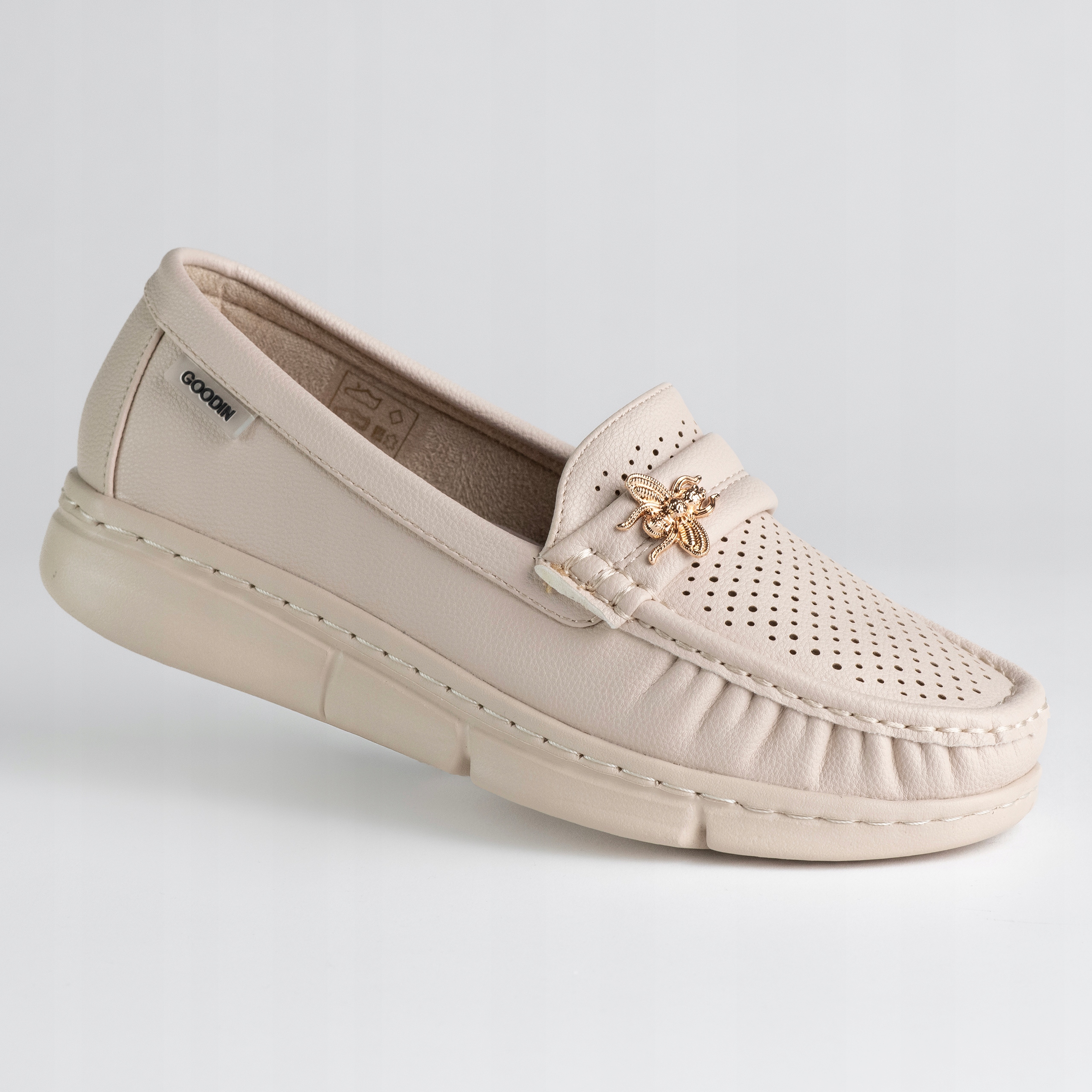 Dámské kožené mokasíny Goodin GD-FL6081 béžové lehké klasické ažurové 38