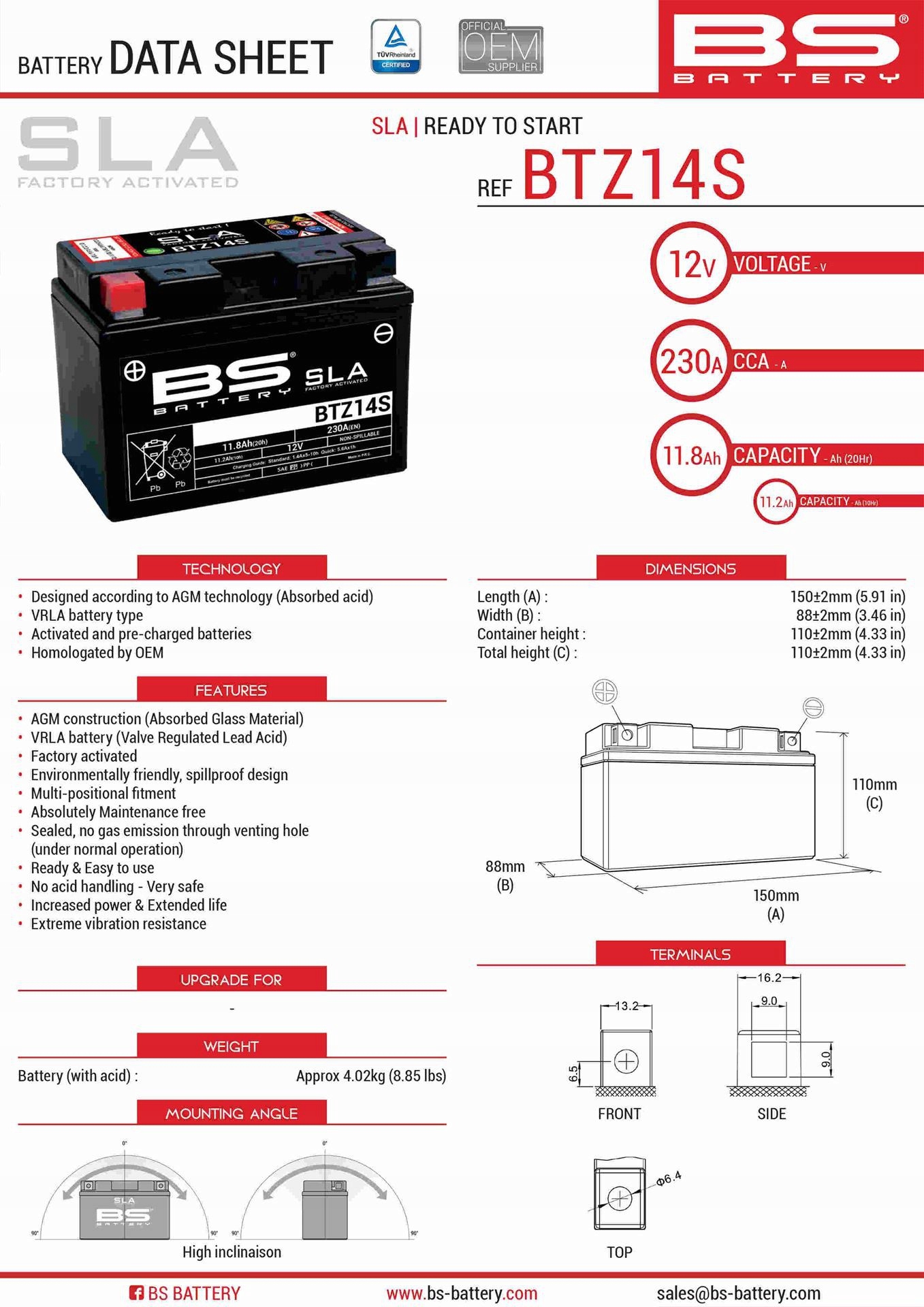 Batéria Bs BTZ14S (fa) (YTZ14S) 12V 11.2AH 150X86X110 Bezo Bs Lye Zal