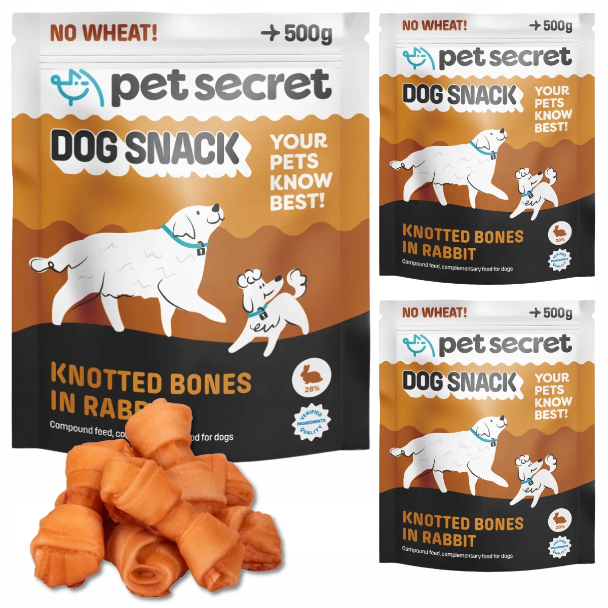 Levně Psí pamlsek Kostky králíka 3x500g Pet Secret Masové kostičky Kousátko