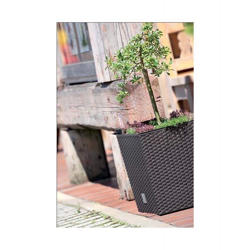 DUŻA DONICZKA DONICA ZEWNĘTRZNA RATTANOWA antracyt Z WKŁADEM OSŁONKA TARAS Długość 17 cm