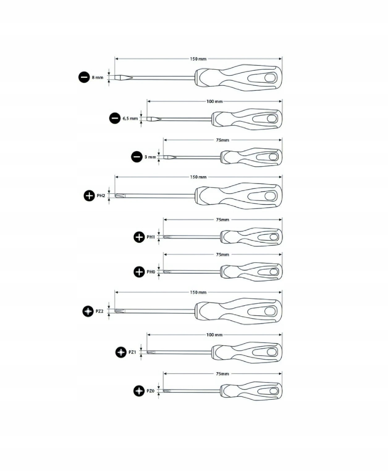 Wkrętaki komplet 9 elementów stal Cr-V Marka Rexxer