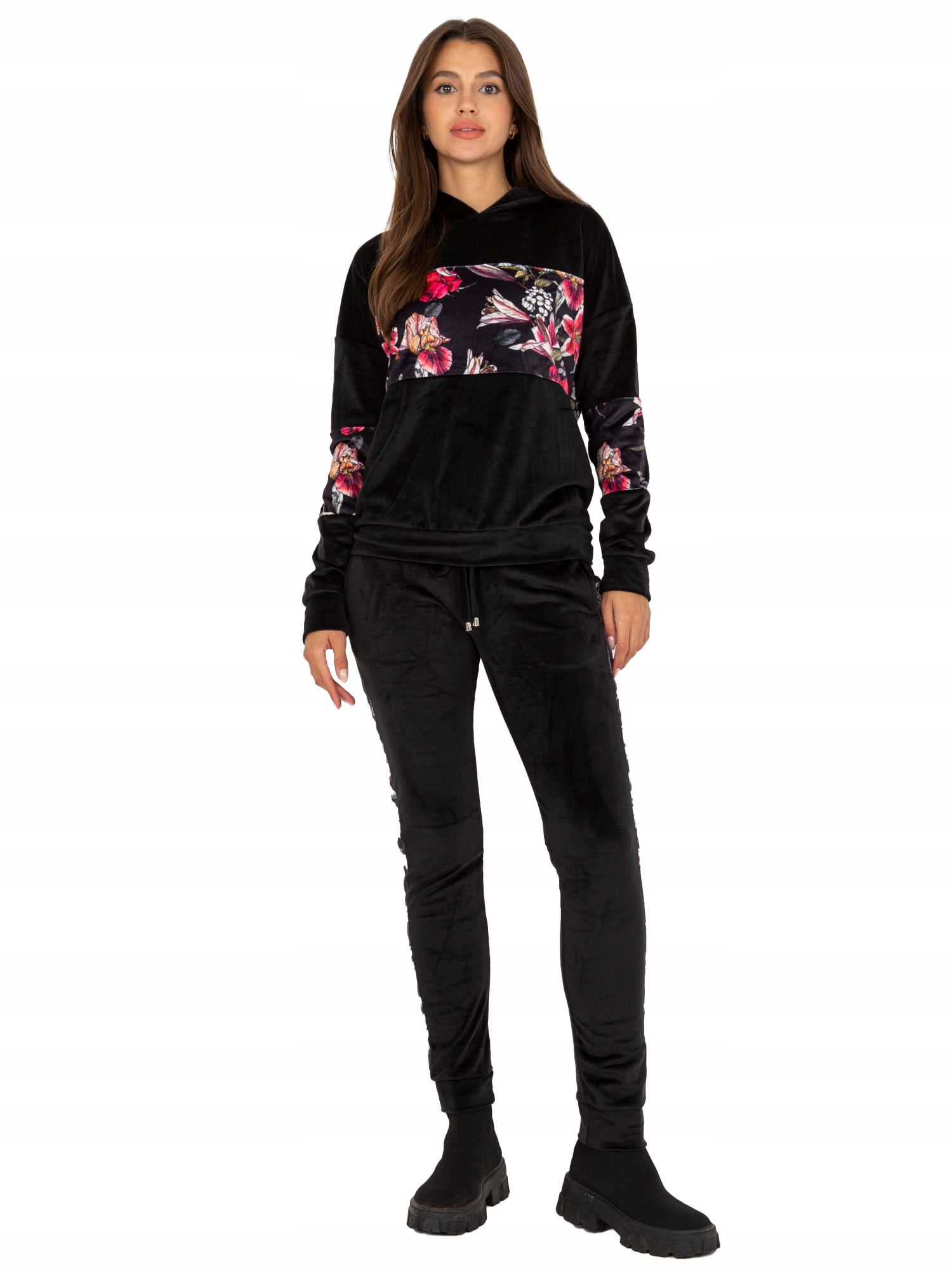 Komplet Damski dres welurowy z kwiatowym wzorem bluza i spodnie