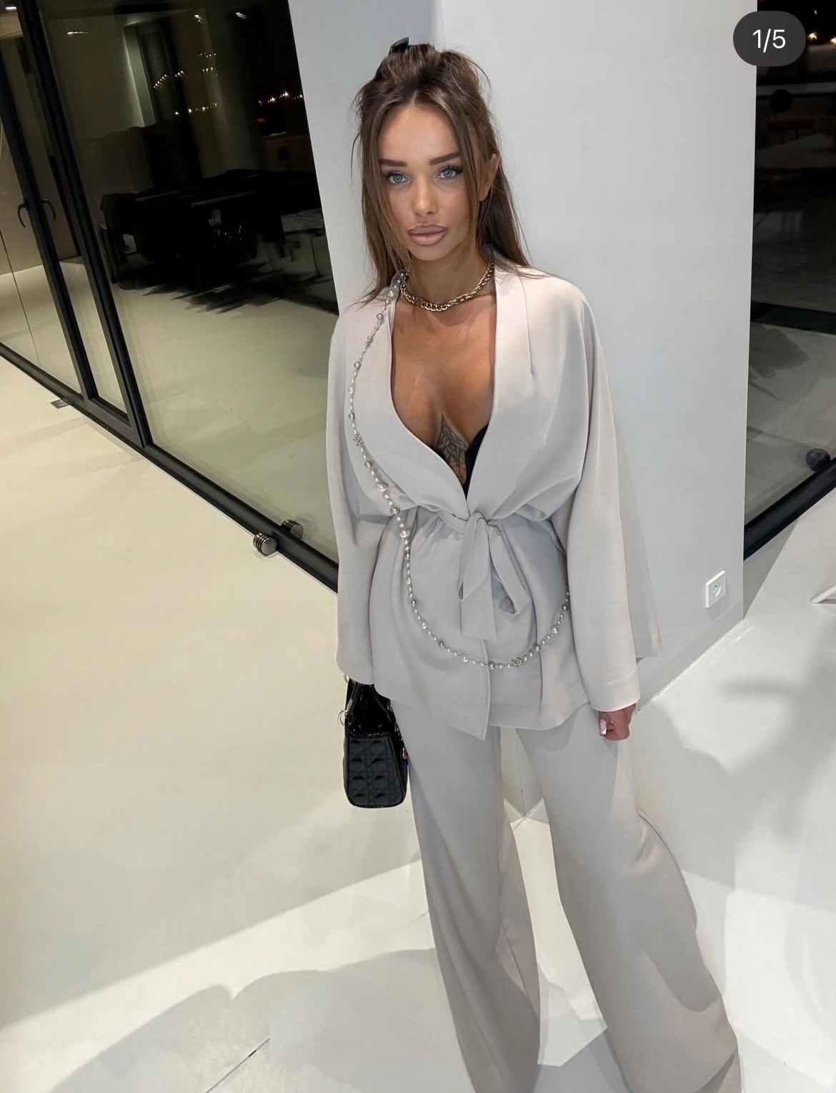 2-dílný set béžových širokých kalhot a kimono Onesize