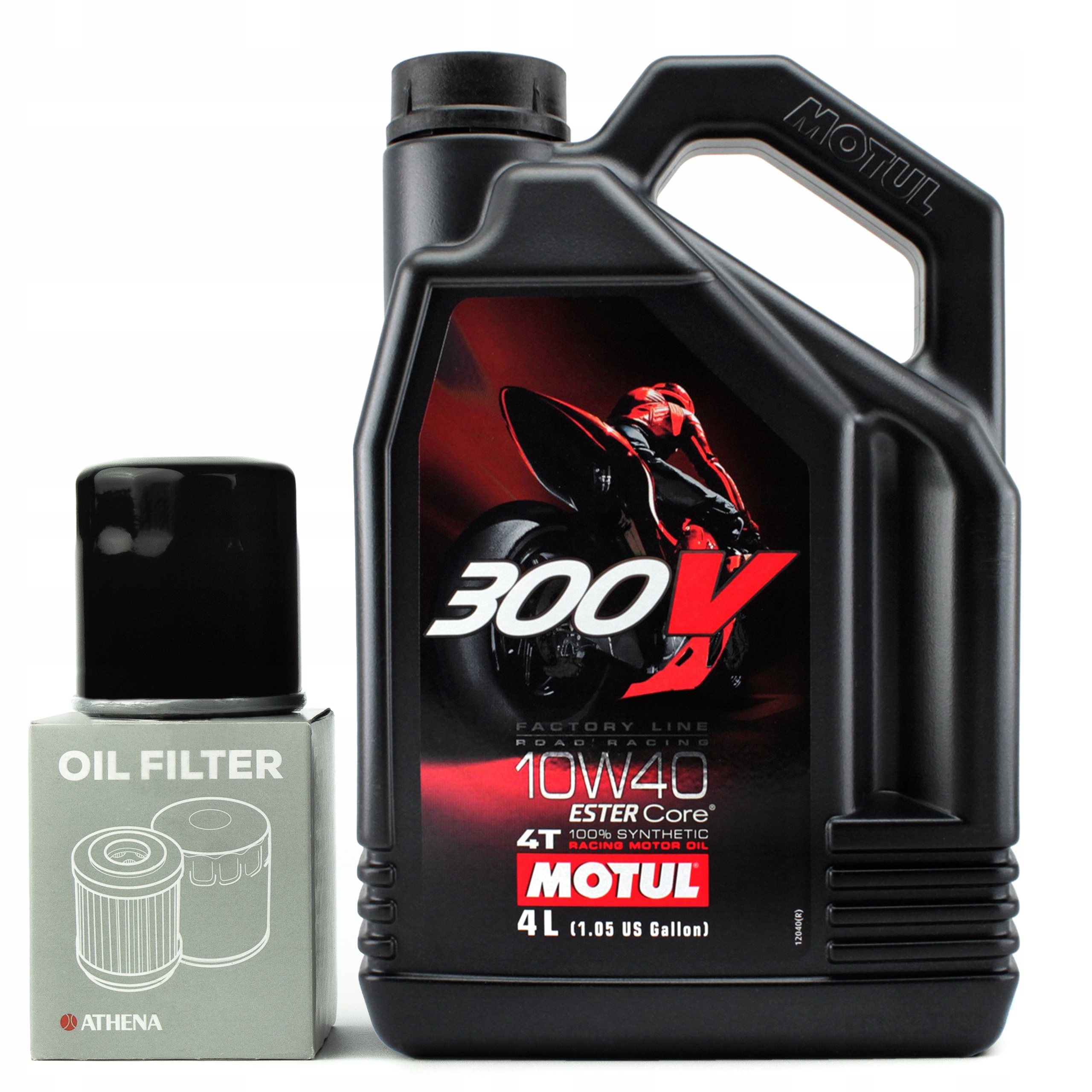 Olej silnikowy MOTUL 300V 10W40 4T 4l MA2 + filtr Athena HF204