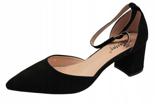 Czółenka Damskie Czarne LL-298P Sandałki Zamsz Słupek Na Pasek 40 Gratis!