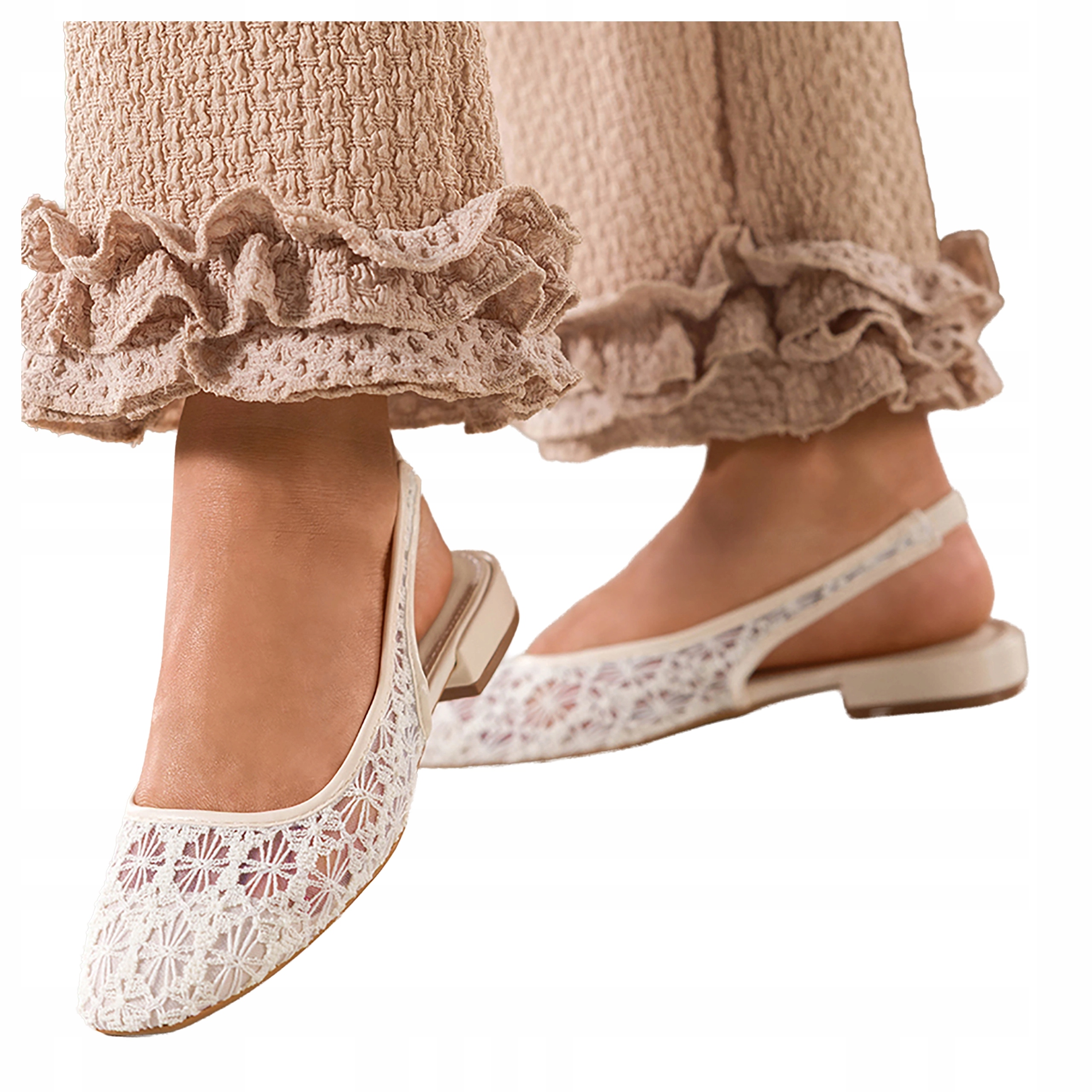 Světle béžové dámské Módní Baleríny Vyšívaná síťovina Odkrytá Pata vel. 37