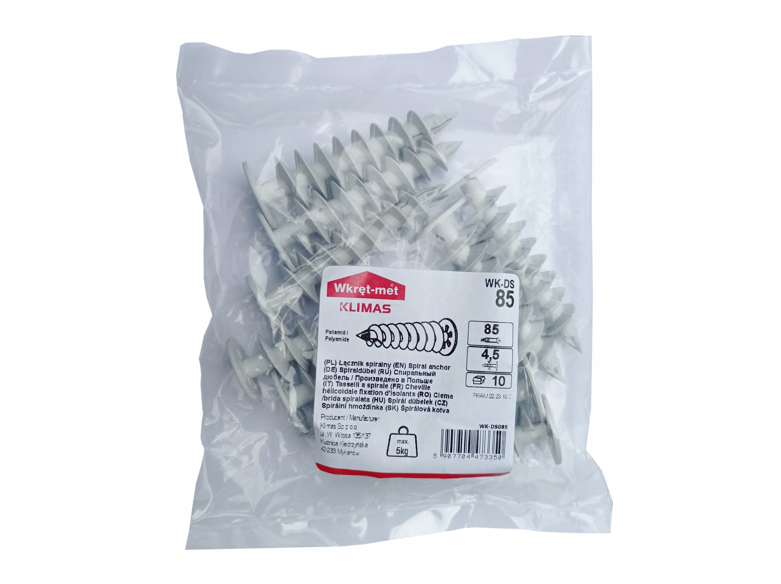 WKRĘTY KOŁKI ŚLIMAK DO STYROPIANU 85 mm 10szt Producent Wkręt-Met