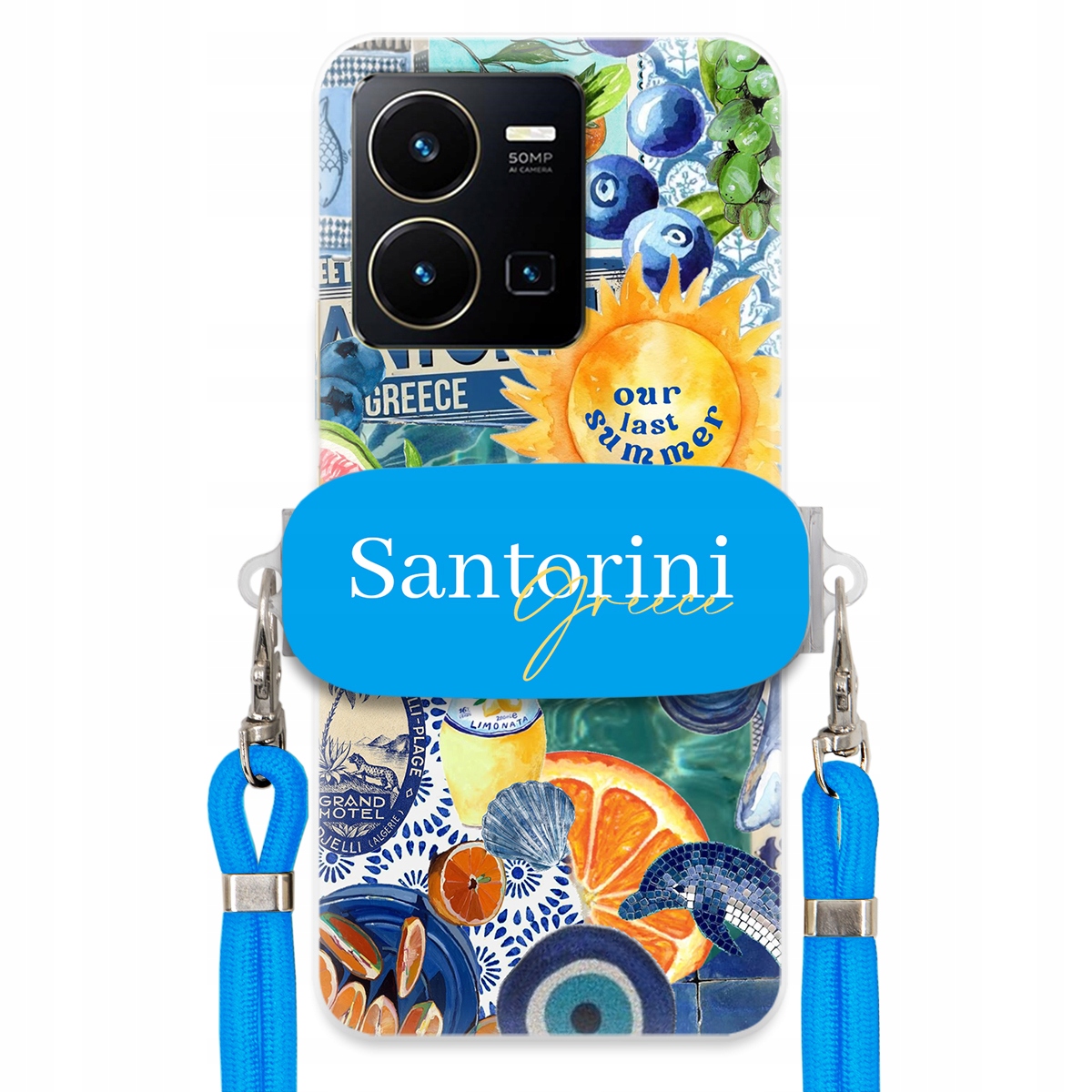 Puzdro pre Vivo Y35 4G Modré Crossbody vodítko držiak Santorini Sea Vibes