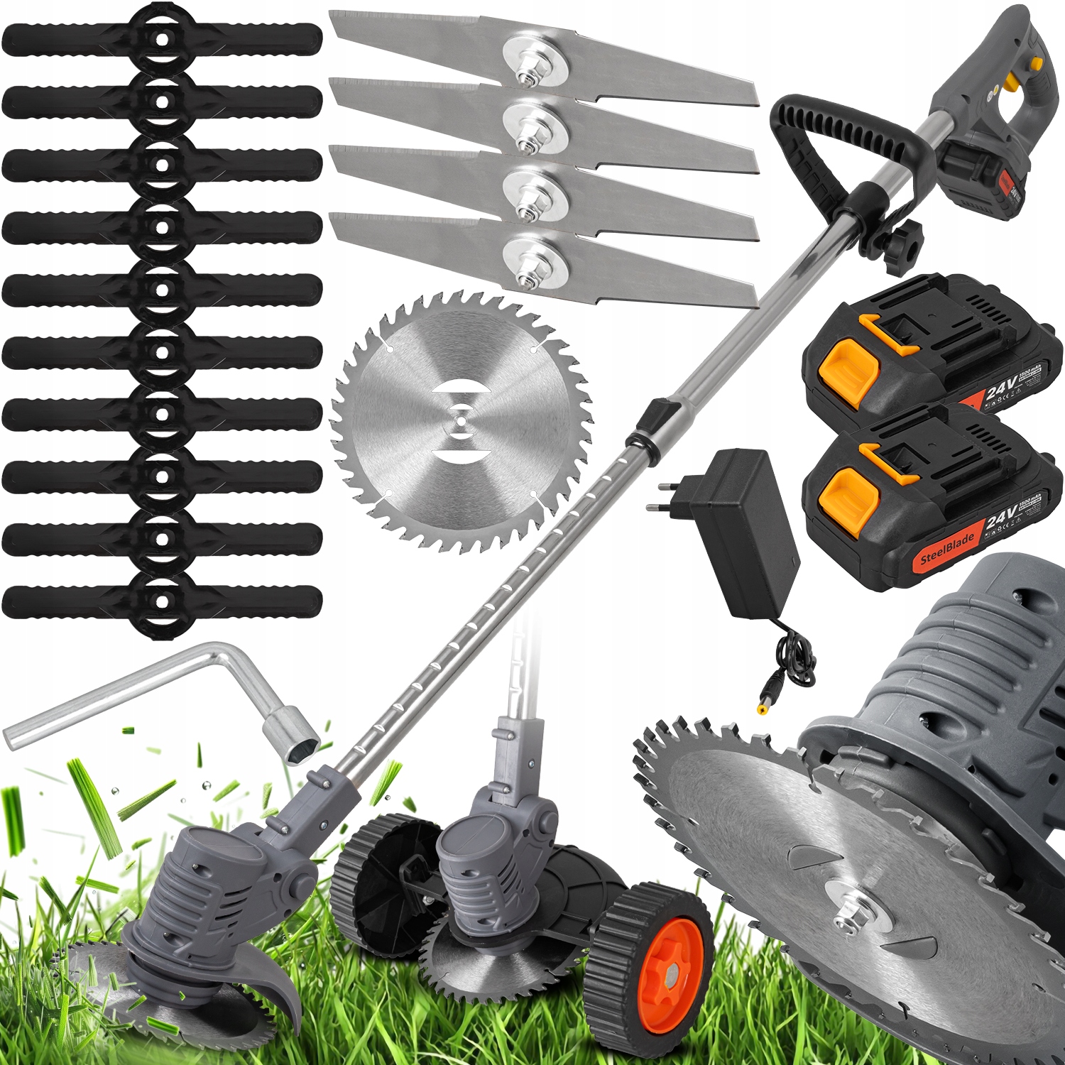 Podkaszarka Do Trawy Kosa Akumulatorowa Elektryczna Ogrodowa 2x Aku Koła