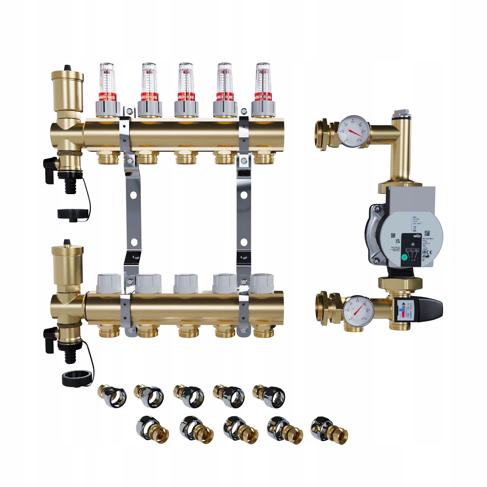 Rozdělovač pro podlahové topení 5 sekcí Spojky Pex Čerpadlo Wilo