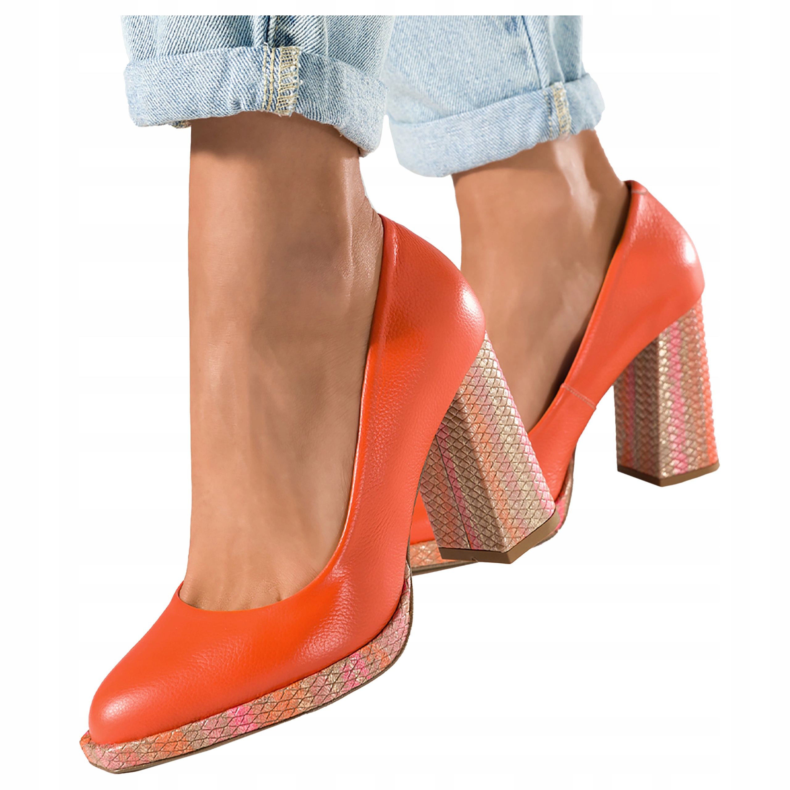 Kožené lodičky Dámské Oranžové Ozdobný sloupek Polský Výrobek vel. 36