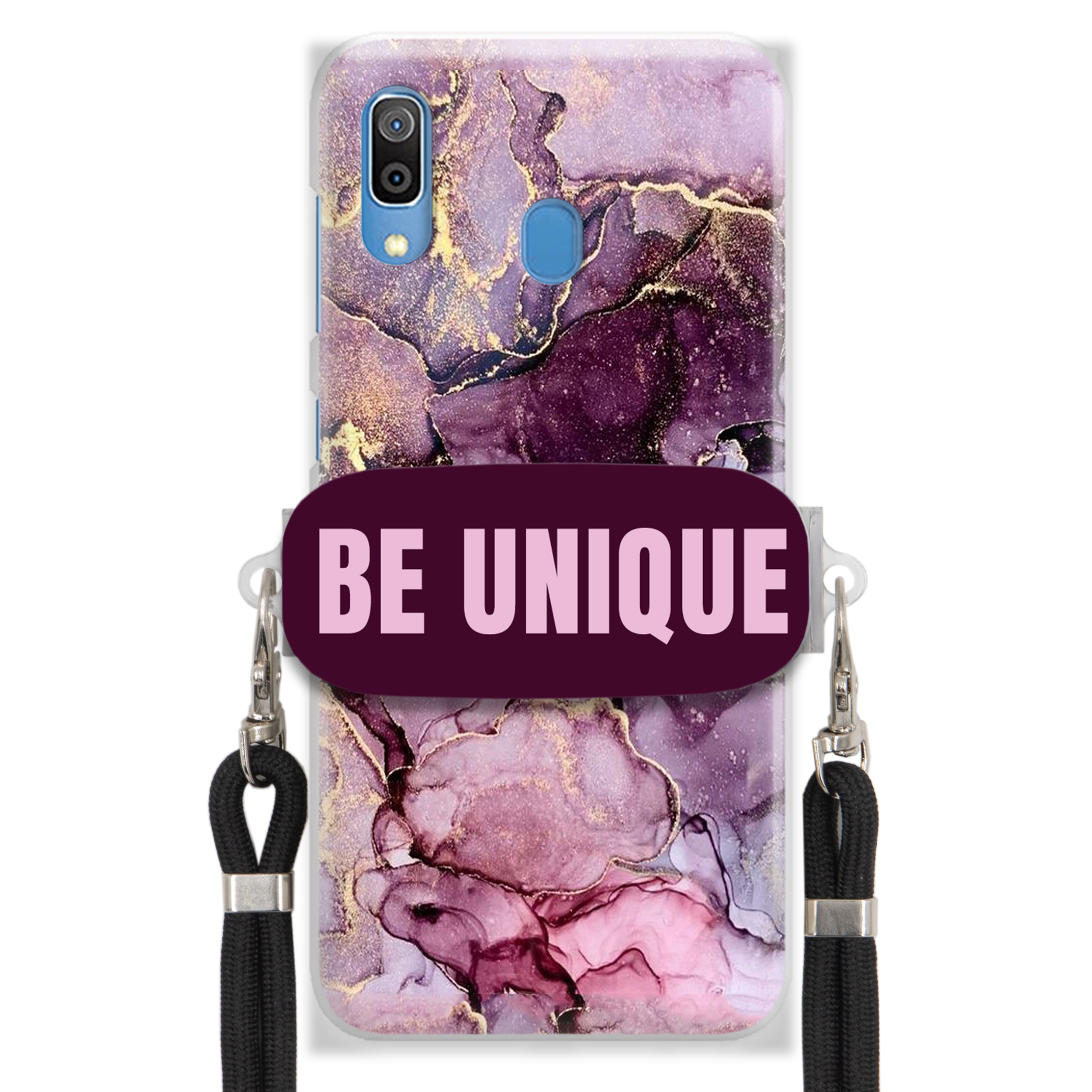 Prémiové puzdro pre Samsung A30 Case držiak na šnúrku Čierny fialový mramor