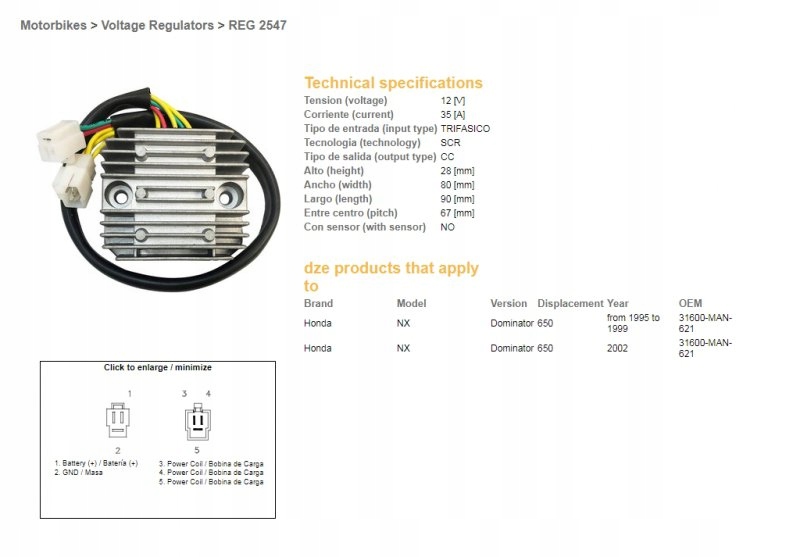 Regulátor Napätia Honda NX650 Dominátor 95-99 (31600-MAN-621)(12V/35A)