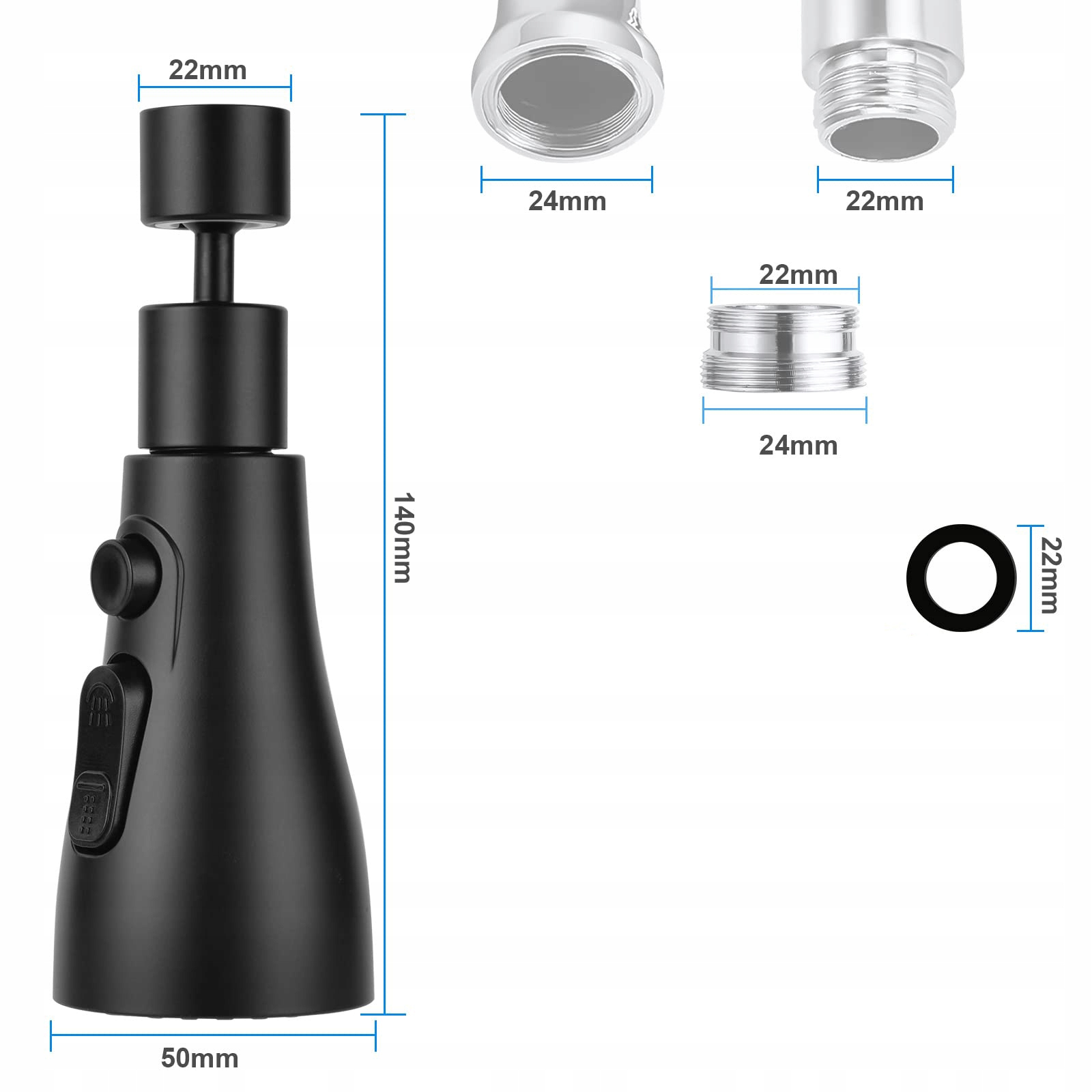 BATERIA KUCHENNA KOŃCÓWKA PRZEDŁUŻKA DO KRANU 3 TRYBY PERLATOR ADAPTER Marka bez marki
