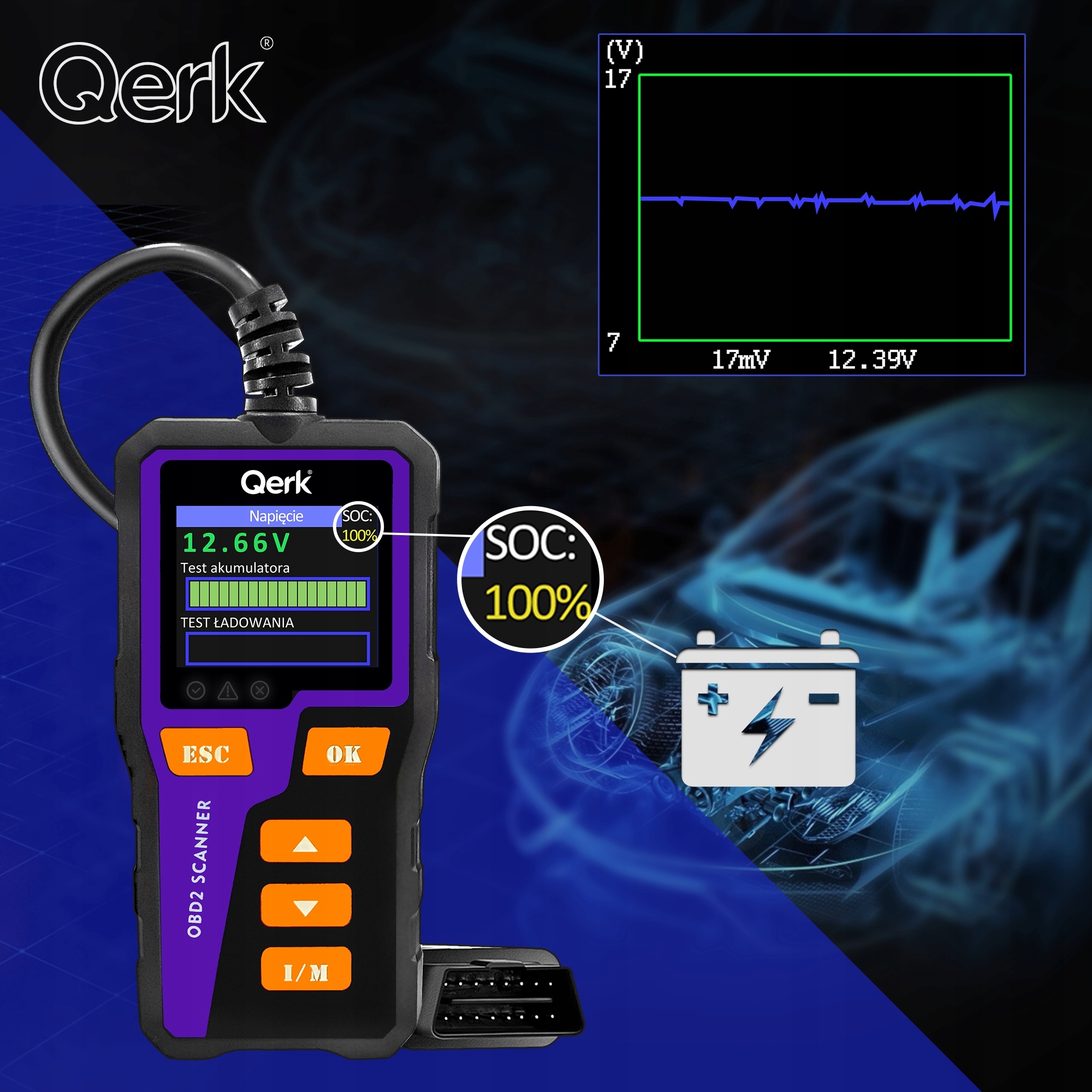 INTERFEJS DIAGNOSTYCZNY TESTER OBD2 POLSKIE MENU QERK T51 KOLOROWY ELM327 Marka inna