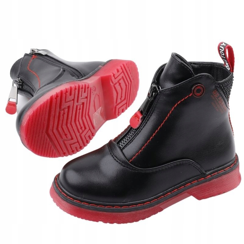 BOTKI DZIEWCZĘCE LEKKO OCIEPLANE NA PLAYFORMIE SUWAKI CZARNO CZERWONE Stan opakowania oryginalne