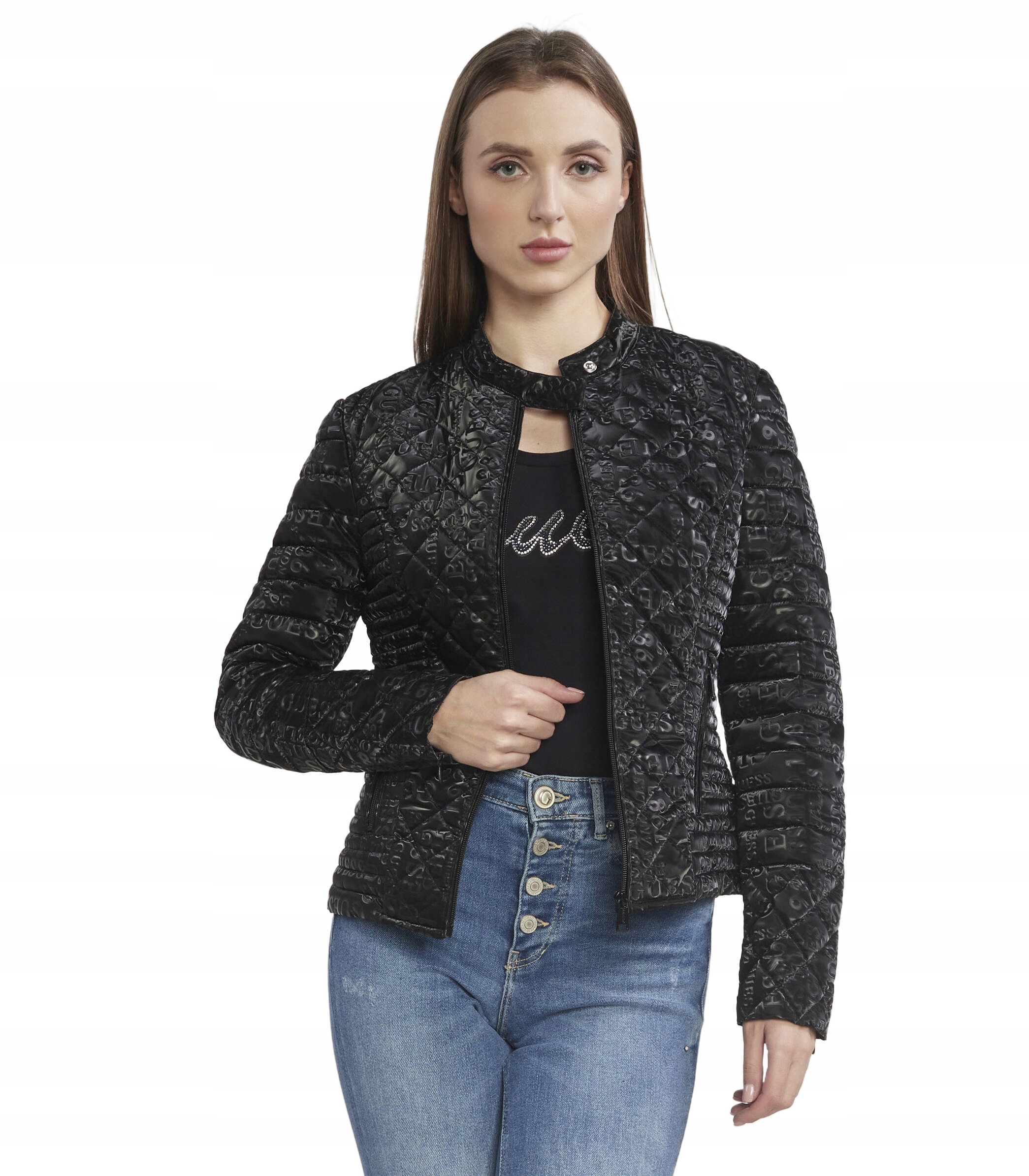 Guess Černá Prošívaná Bunda S Logem A Stojáčkem