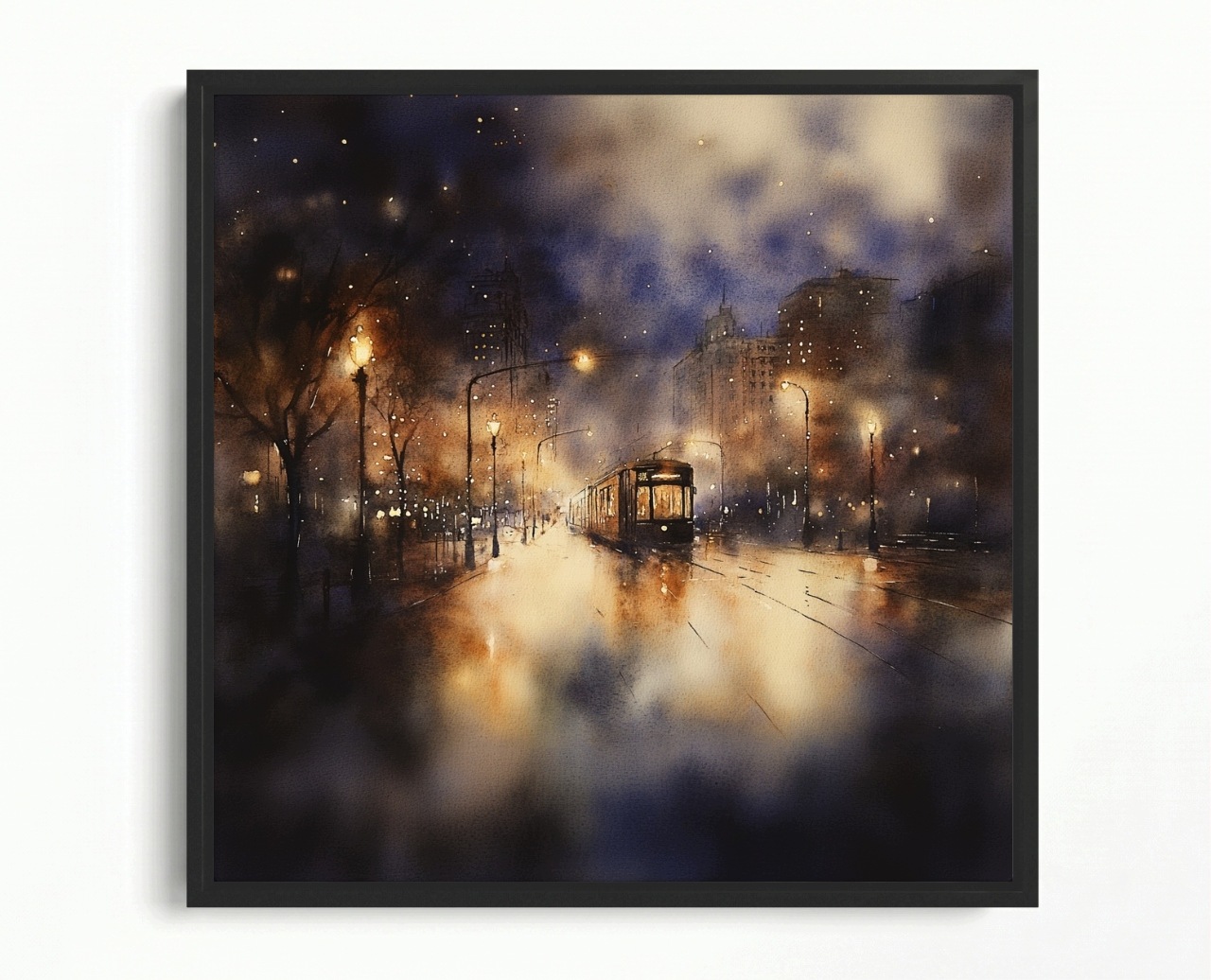 Obraz Rám American Box Tramwaj Mesto Svetla Noc Lampáše Akvarel 60x60