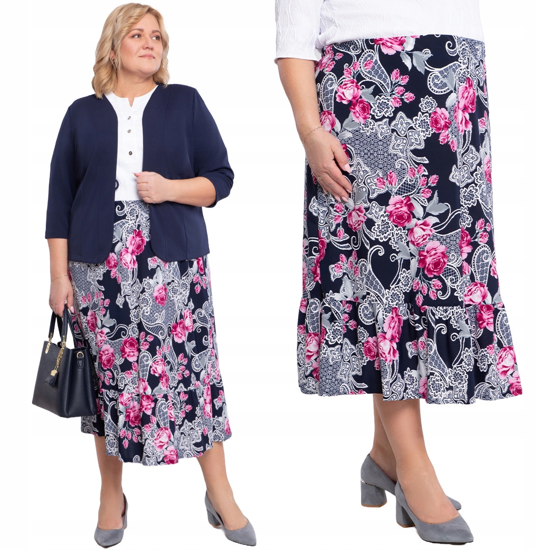 Tmavě modrá sukně s růžovými květy 52/54