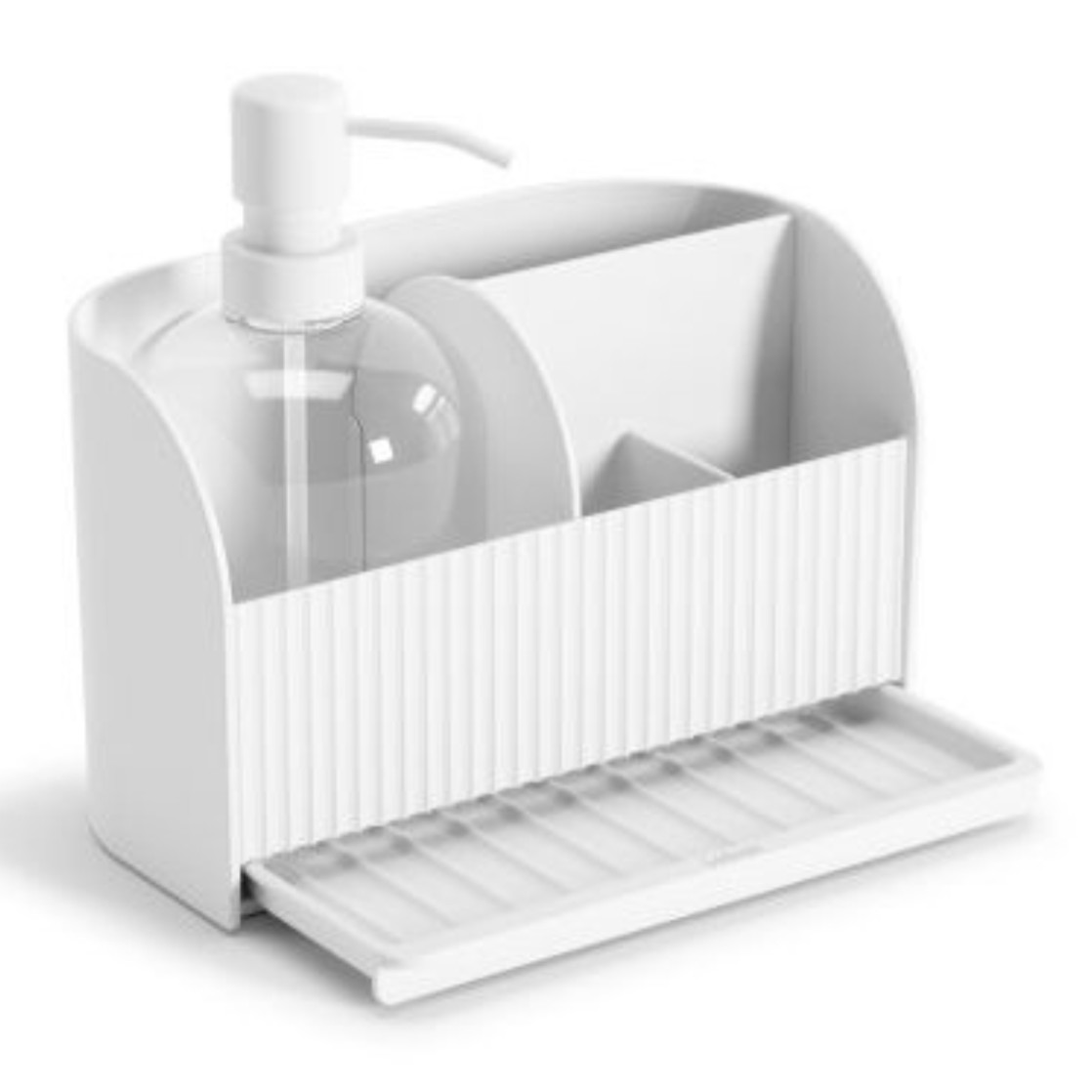 Organizér do kuchyně, koupelny s dávkovačem mýdla, s podnosem Caddy, bílý