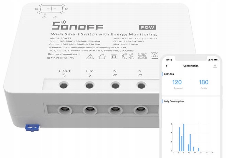 

Sonoff Inteligentny przełącznik WiFi 25A 5500W