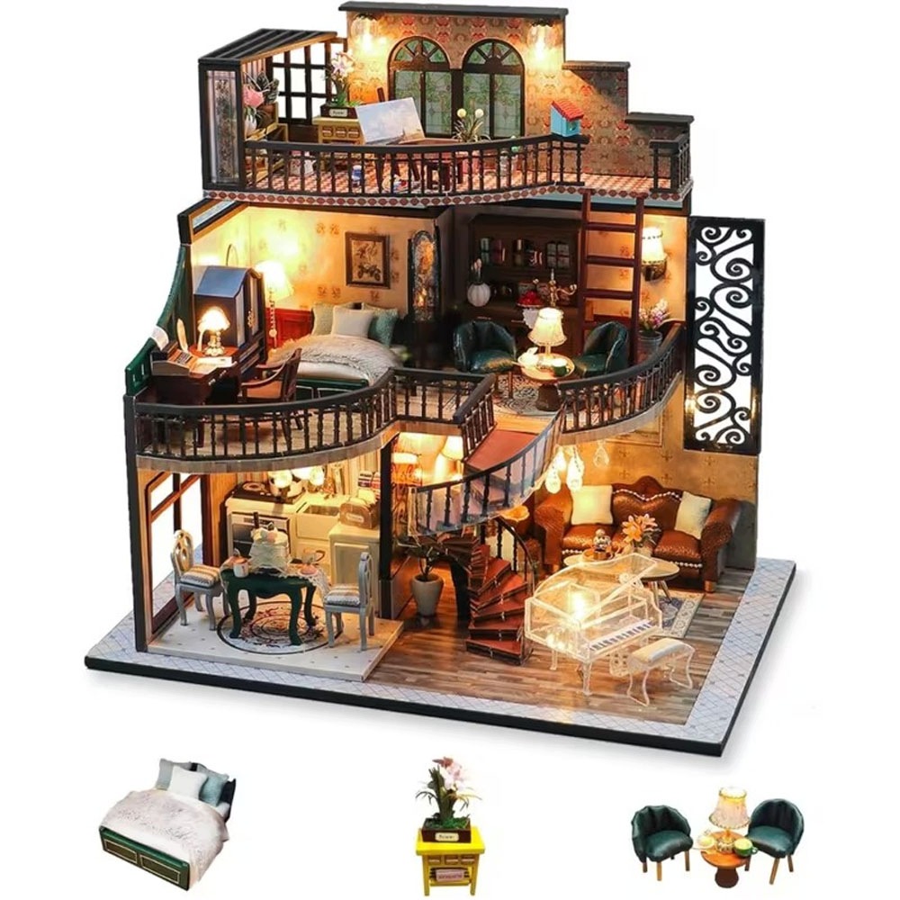 Drewniane Puzzle 3D Domek Dla Lalek Architektura Miniaturowy Z Lampkami Led