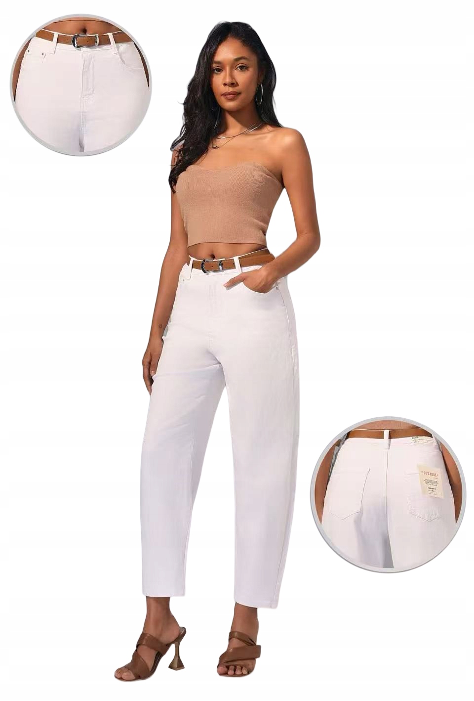 Balloon Modne Damskie Spodnie Jeansowe Białe Wysoki Stan 38/M