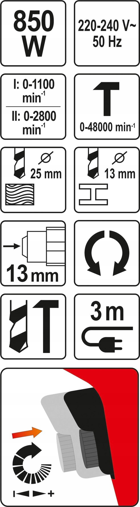 YATO WIERTARKA UDAROWA DWUBIEGOWA 850W YT-82037 Zasilanie sieciowe