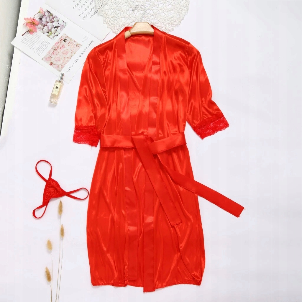 SATYNOWY SZLAFROK HALKA KORONKA STRINGI NARZUTKA DO BIELIZNY NOCNEJ Długość do połowy uda