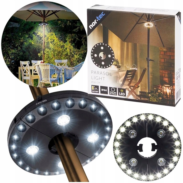 OŚWIETLENIE LED NA PARASOL OGRODOWY OGRÓD LAMPKA 3-TRYBY NOR-TEC 16cm