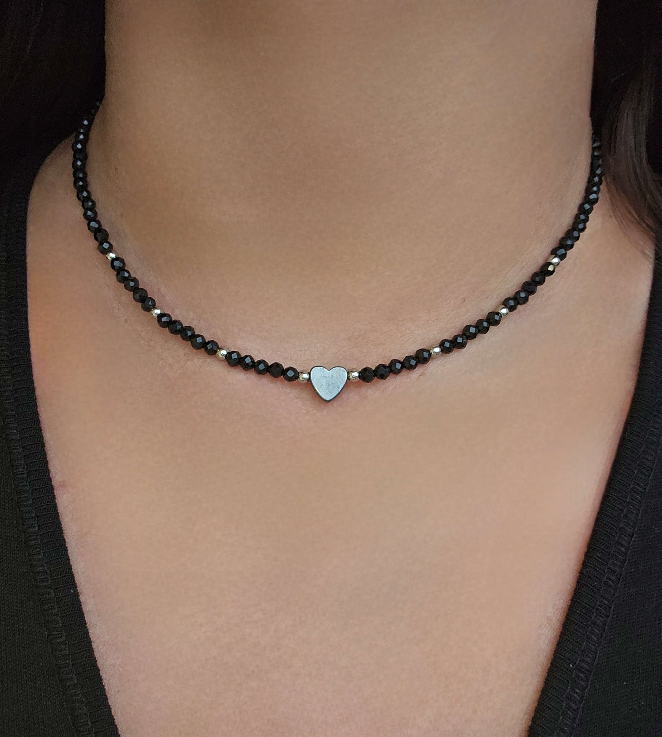 Naszyjnik Srebrny Czarny Turmalin Hematyt Serce