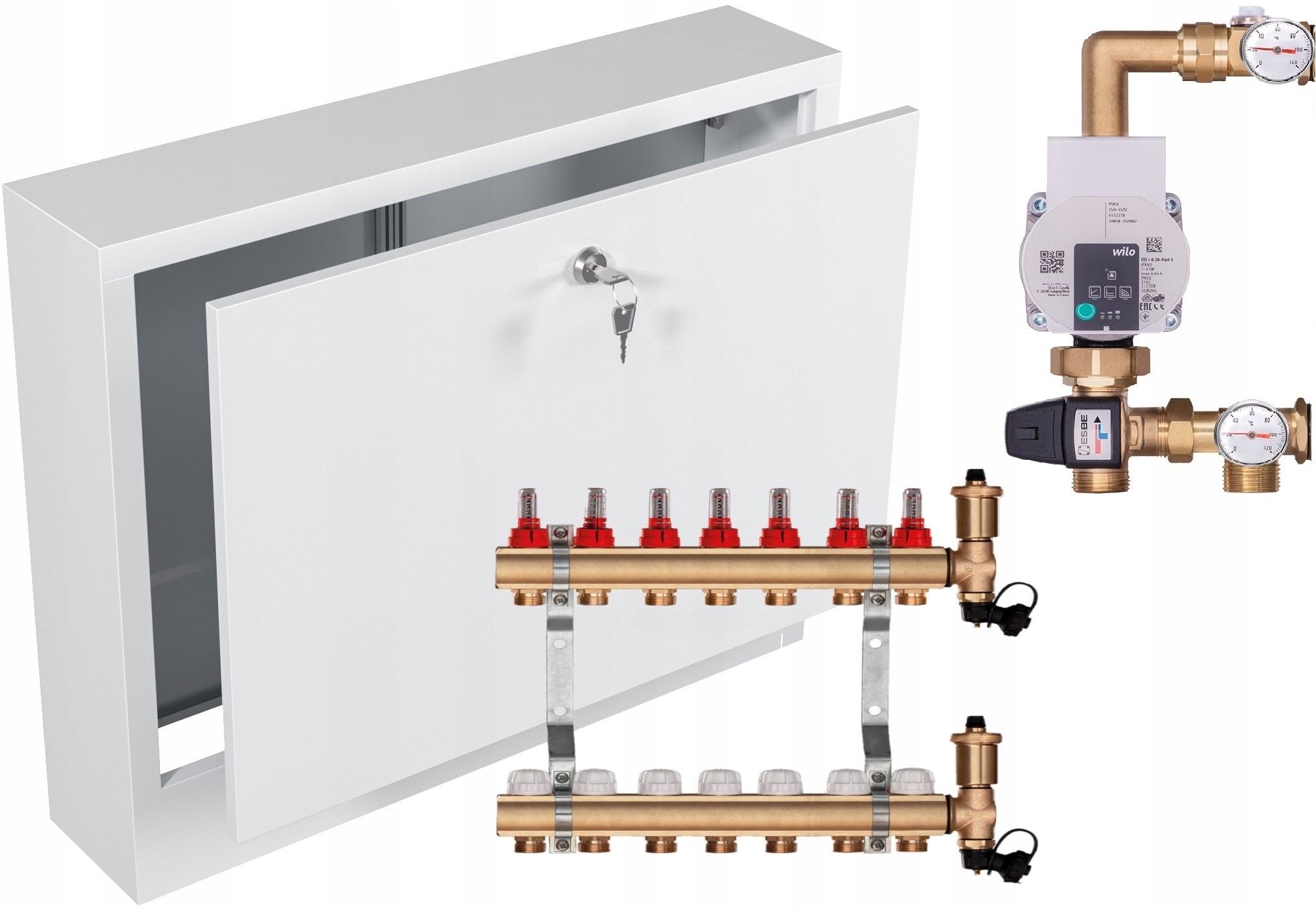 Mosazný rozdělovač pro podlahu 7 s Pumpou Wilo Nástěnná Skříňka
