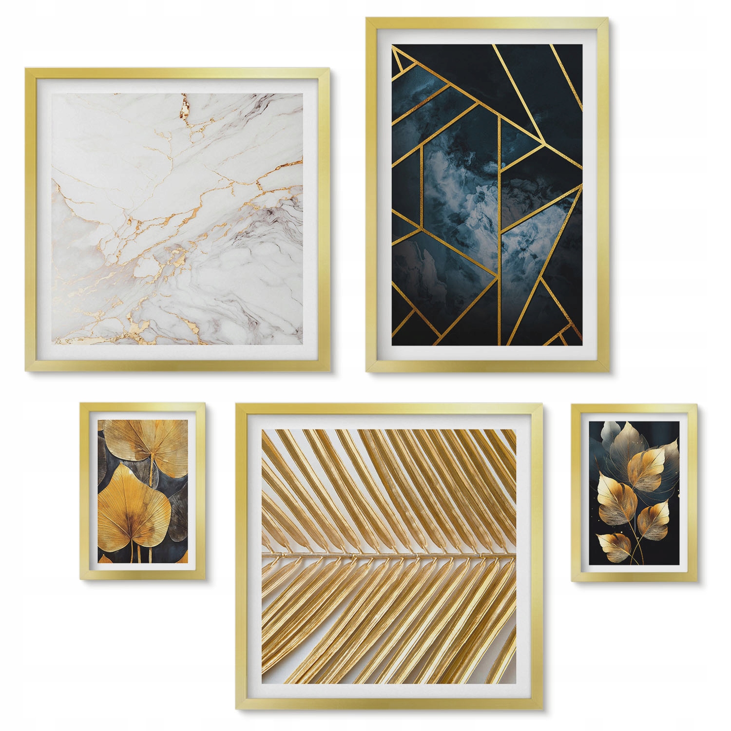 Nástěnné obrazy do ložnice Sada 5 ks Polyptych Stylové listy a geometrie