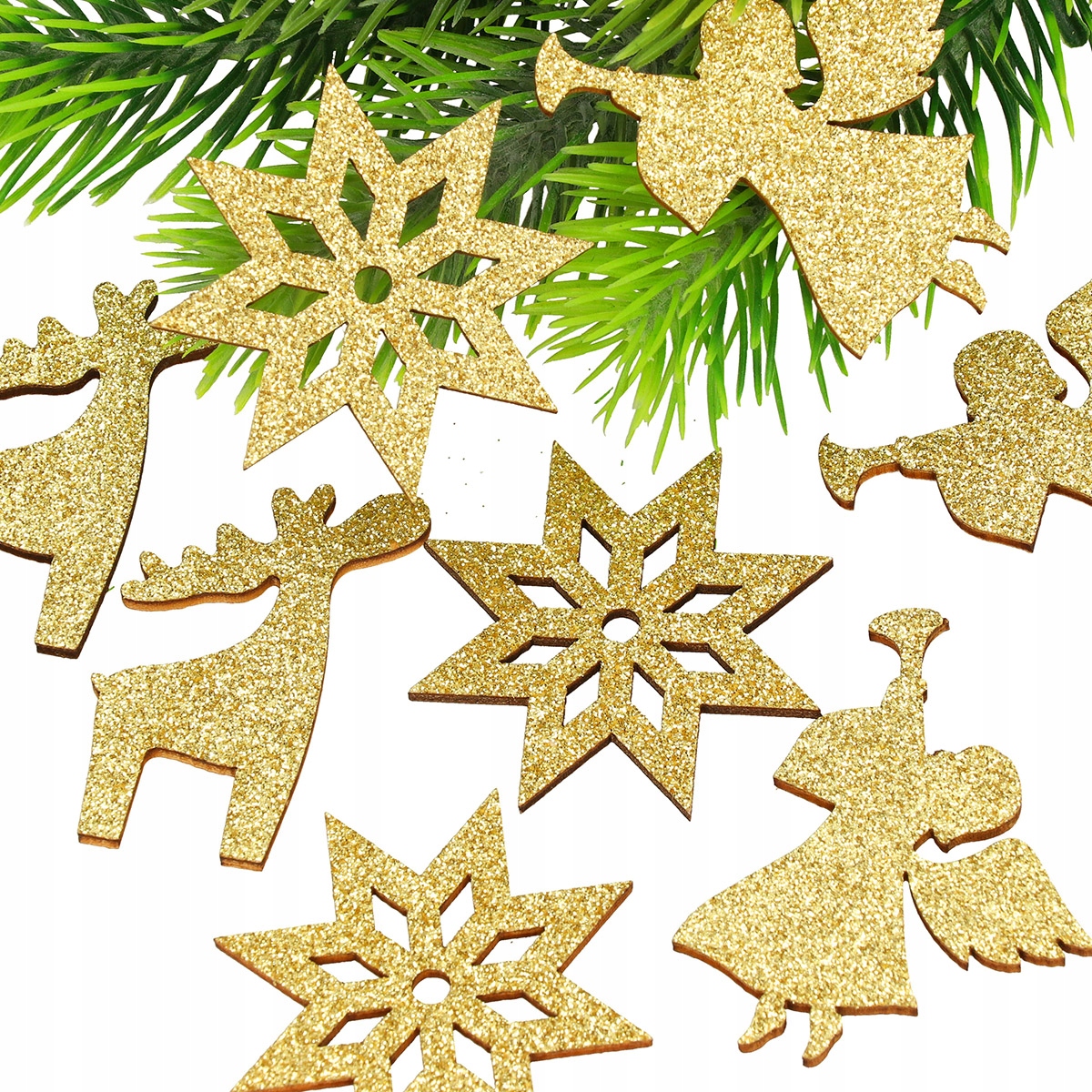 ZŁOTE ANIOŁEK GWIAZDKI BROKATOWE ŚNIEŻYNKI NA STROIK CHOINKĘ DUŻY ZESTAW EAN (GTIN) 5900641515824