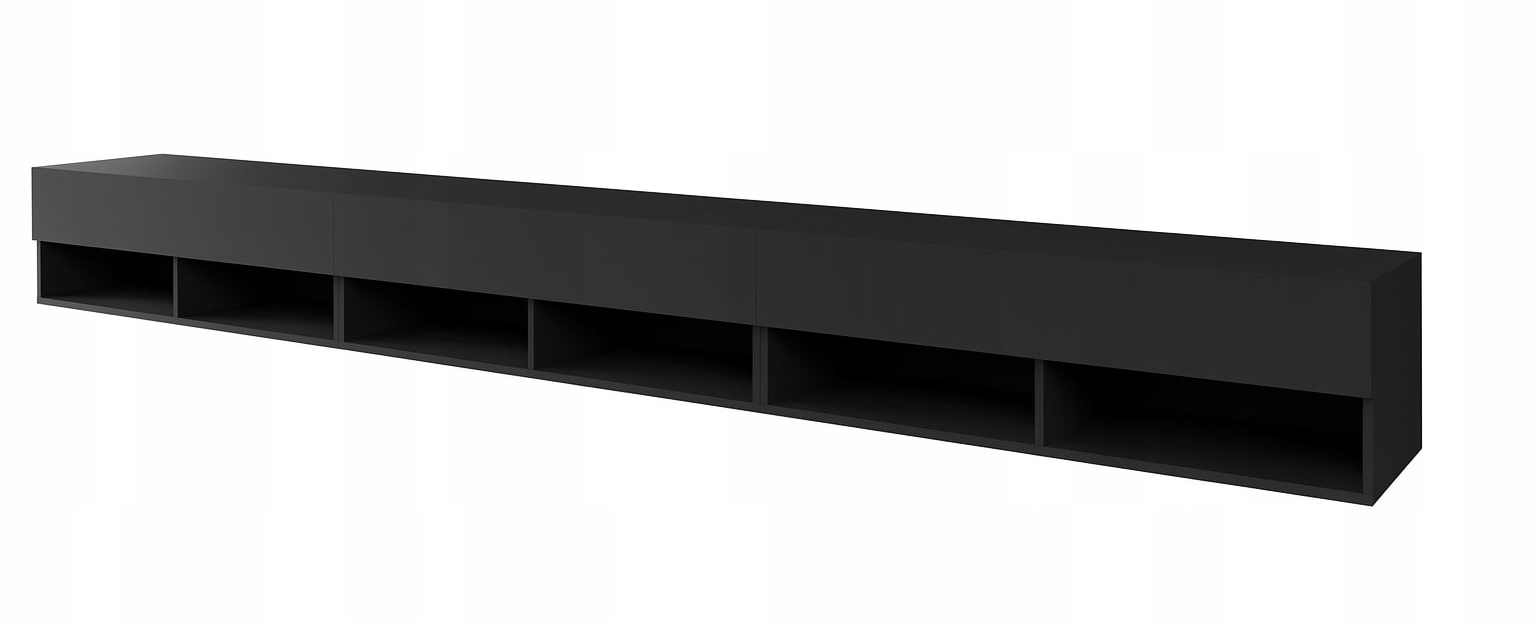 Rtv skříňka 300 cm Lowboard moderní, závěsná, stojící, 3 klapky, černá matná