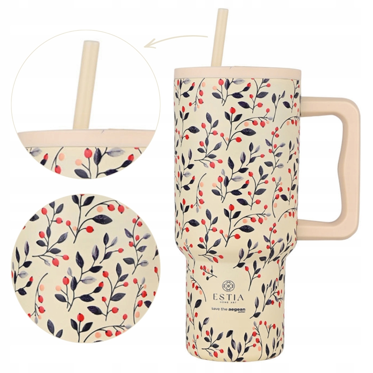 Duży Kubek Termiczny Ze Słomką 900 ML beżowy z uchwytem na kawę herbatę