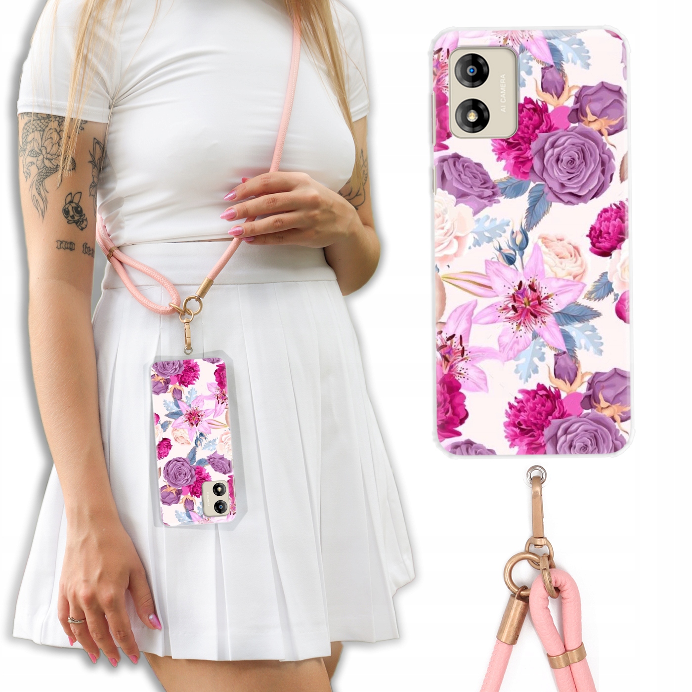 Pouzdro Pro Motorola E13 Case Crossbody Květinové Jaro Kožené Vodítko Růžová Vz