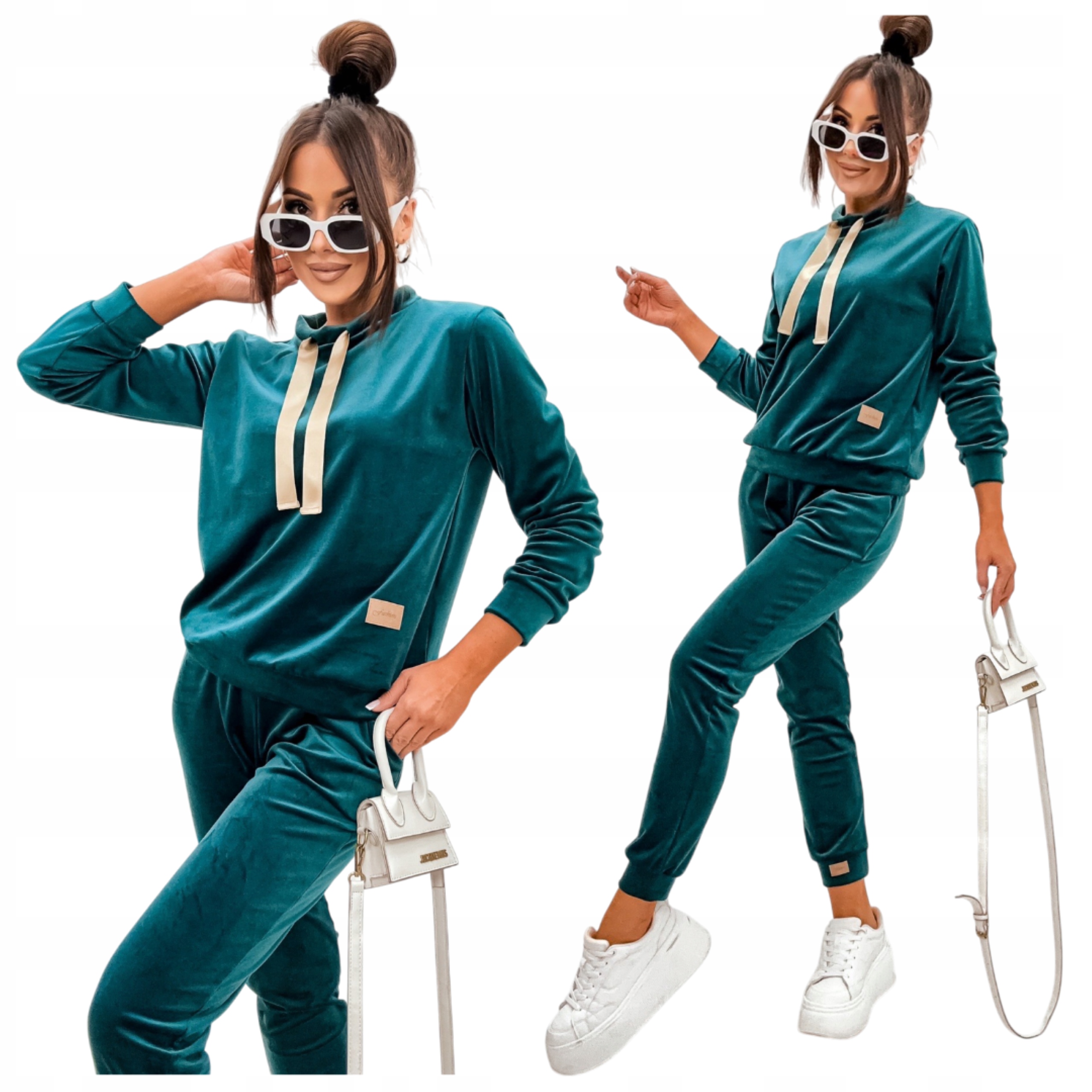 Dres Welurowy Damski Komplet Premium Bluza Spodnie Zielona Butelka S