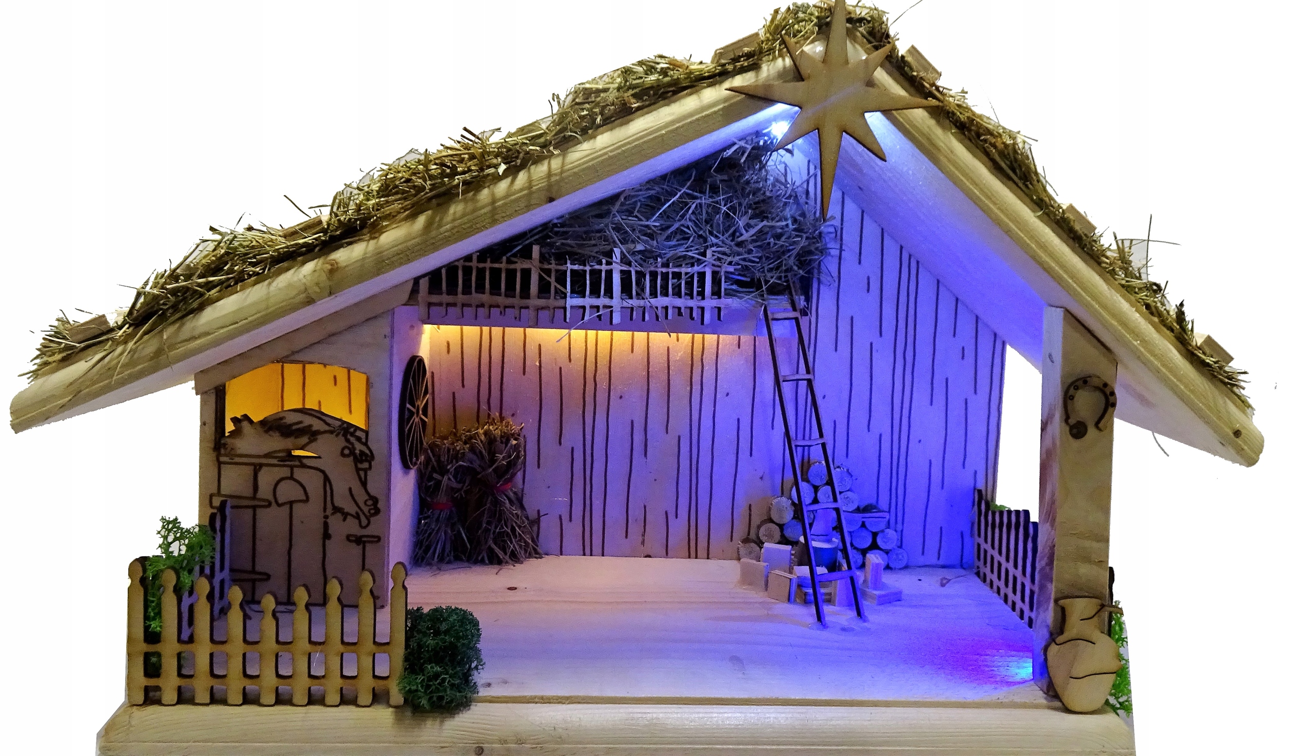 Modrý drevený Betlehemský jasliček Vianočný Betlehem Stajňa Led