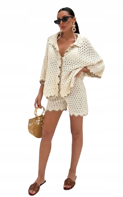 Shein Béžový Ažurový Komplet S Bavlnou, Halenka A Šortky 1HA