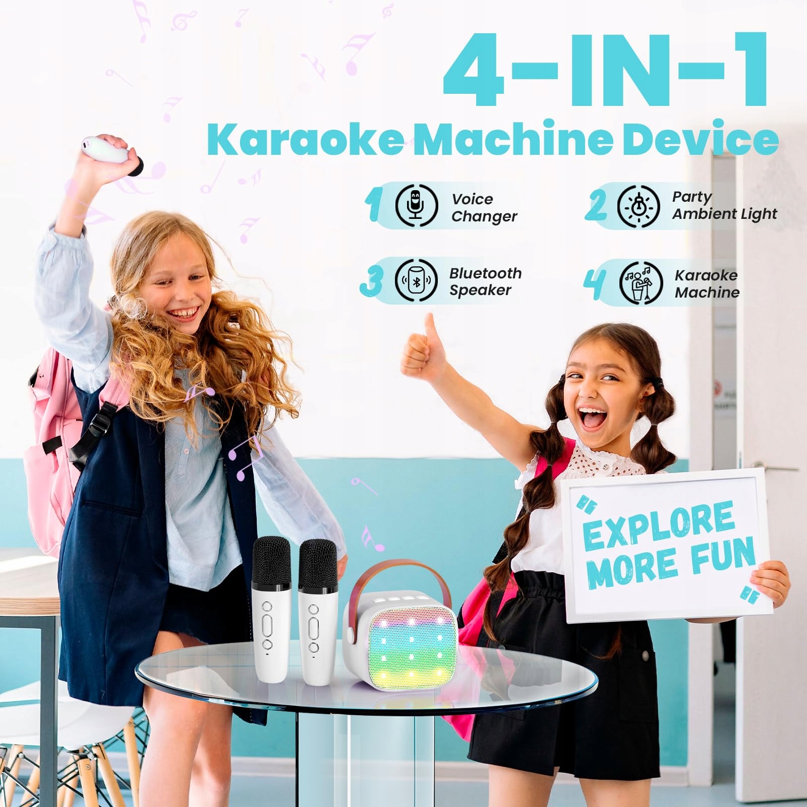 KINDER Karaoke Mikrofon Bluetooth LED Głośnik Dla Dzieci i Dorosłych — miniatura 2