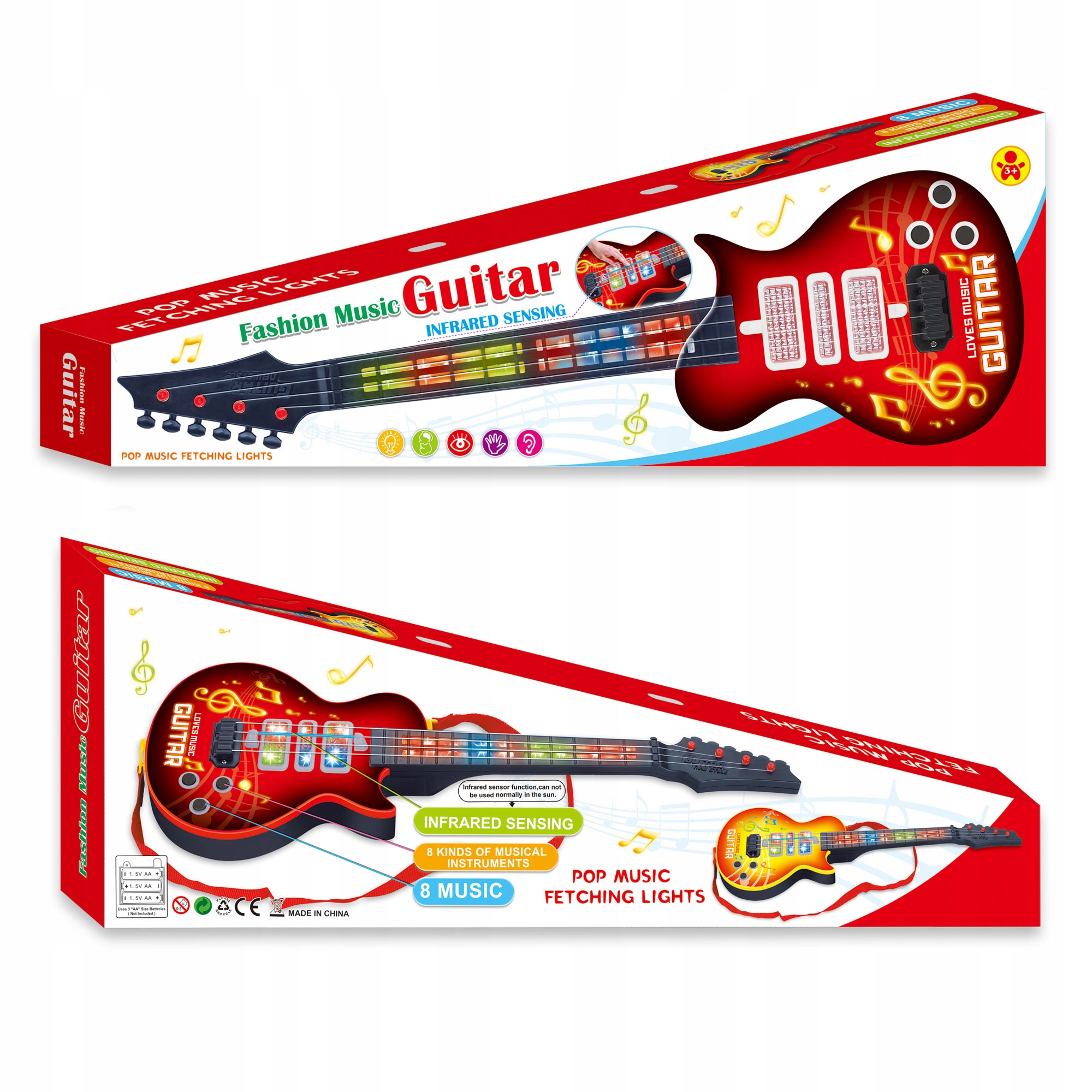 ROCKOWA GITARA STRUNOWA INSTRUMENT DLA DZIECI Z NAUKA GRY NA GITARZE ŚWIECI Wiek dziecka 3 lata +