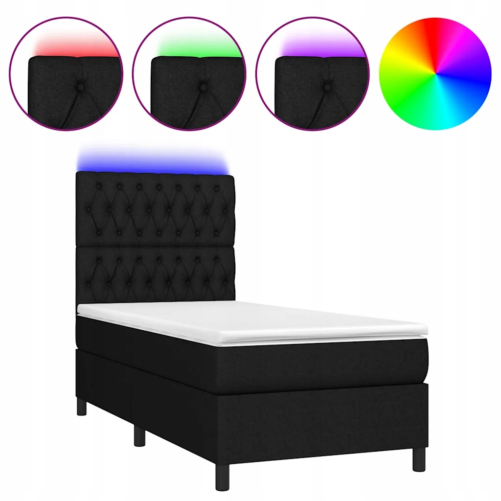 Kontinentální postel s matrací a Led osvětlením, černá, 203 x 90 x 118/128 cm