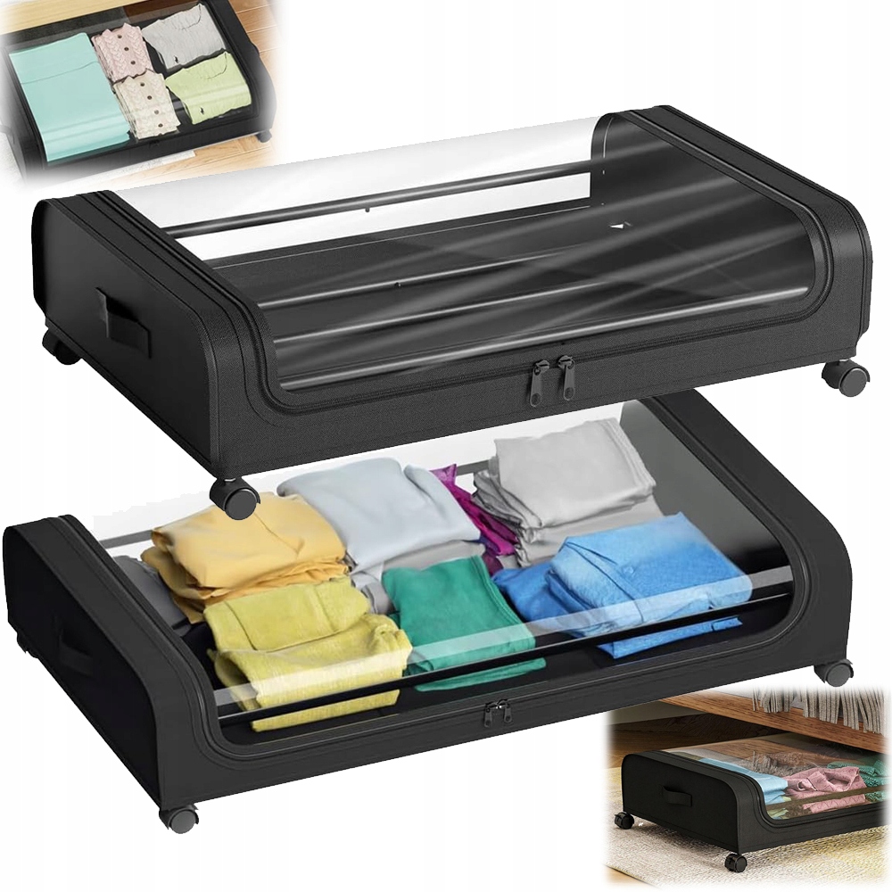 2*48L Černý Organizér Kontejner Na Kolečkách Pod Postel Skříň Oblečení Povlečení