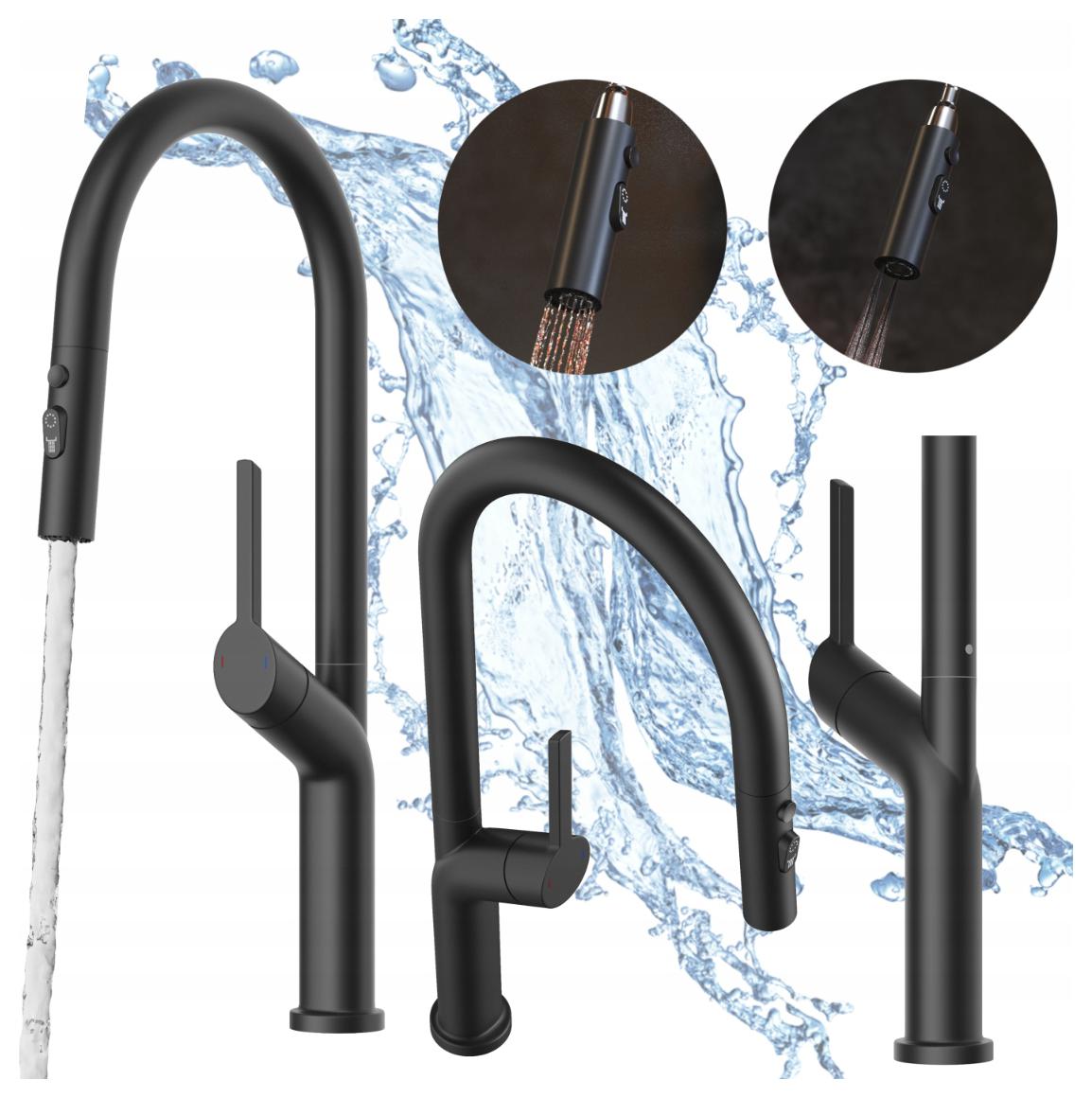 Čierna kuchynská batéria s vyťahovacou výtokovou trubicou, stojanková batéria Nokka