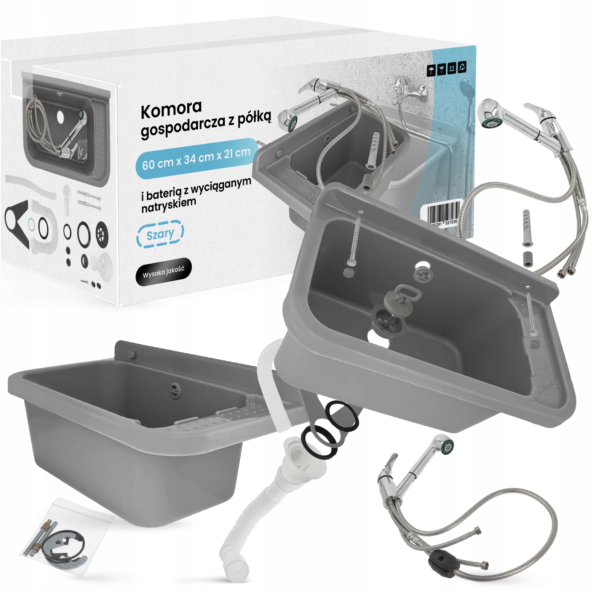 Priemyselný Drez Komora Pracovný Drez Sivá 60x34x21 cm Polica Bate 6U