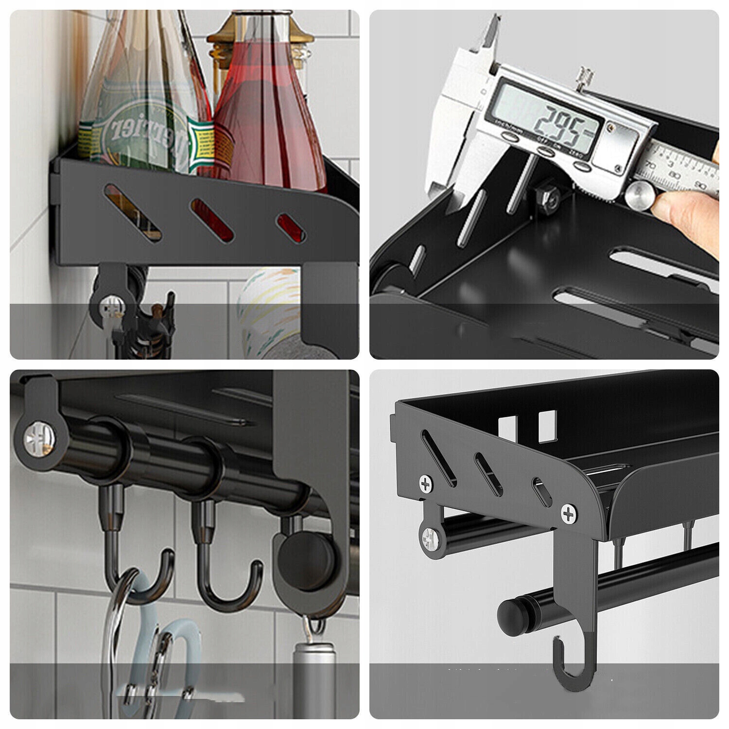 REGAŁ NA PRZYPRAWY DO ŁAZIENKI I KUCHNI, Z UCHWYTEM NA RĘCZNIKI 8 HACZYKAMI Kolor frontów czarny