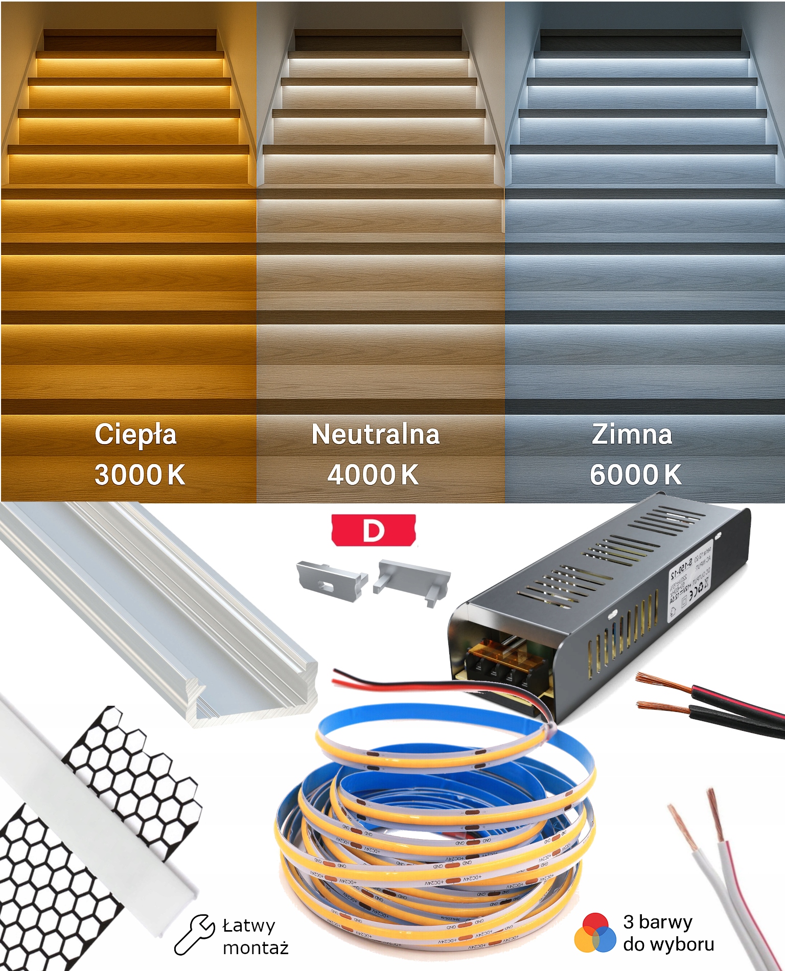 Schodiskový set Led Cob profilová páska – napájací zdroj narezaný na mieru, 3 farby