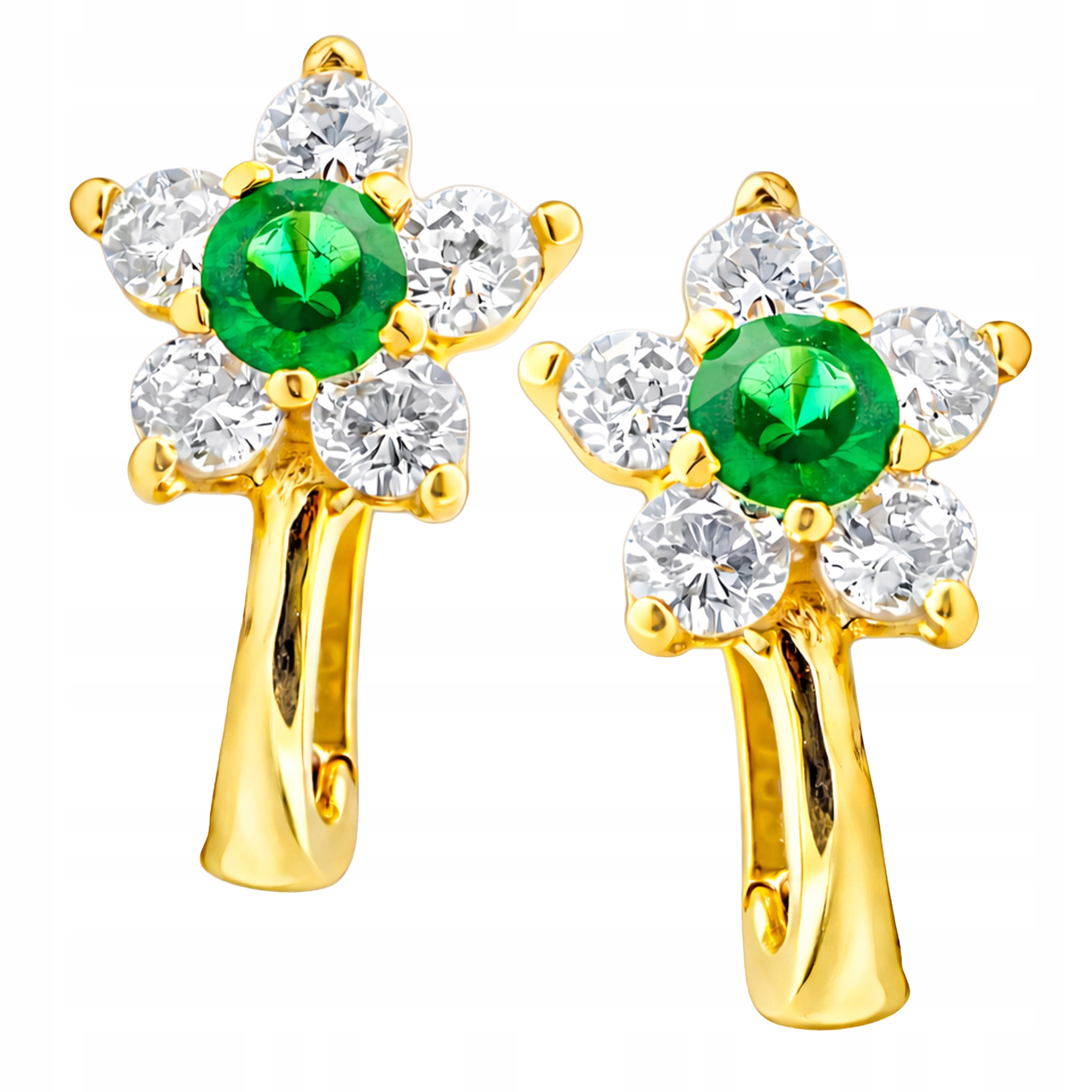 Zlaté náušnice 585 pro dívku, smaragdové květy jako dárek