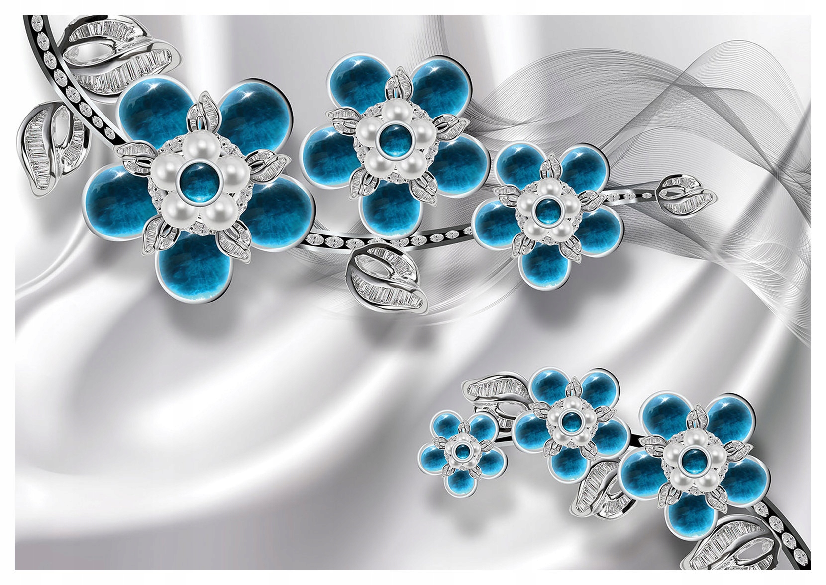 Tapeta Diamantové Květiny Luxus Elegance Modrého Stříbrného Lesku 208x146